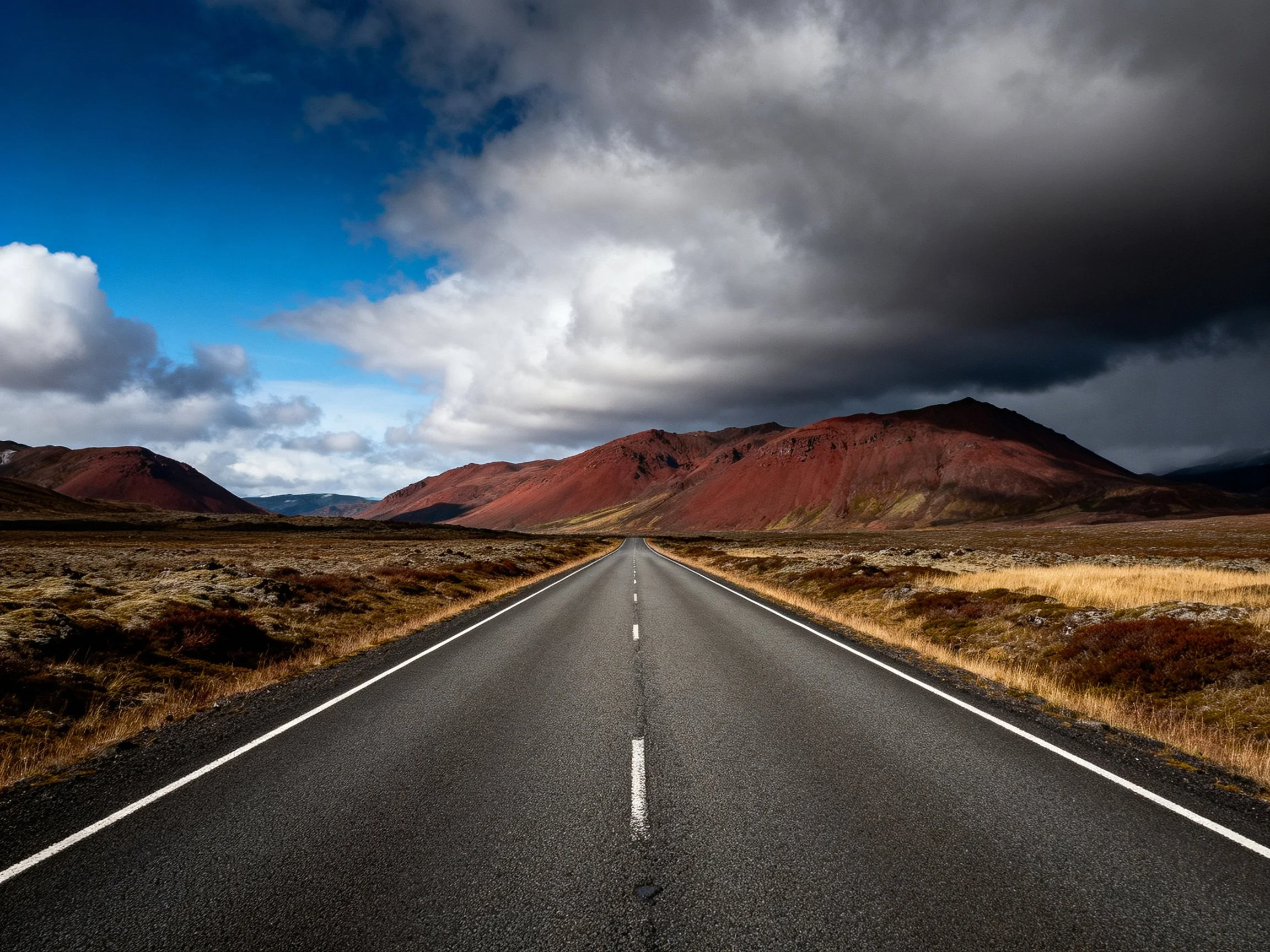 A straight asphalt road extends toward reddish mountains amid dramatic skies