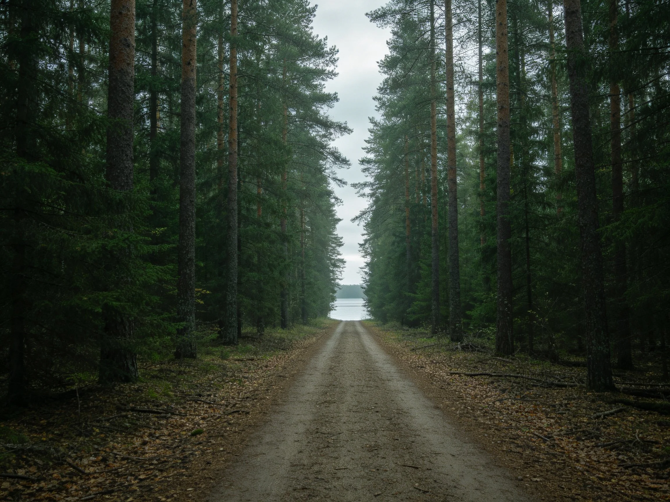 A straight dirt path through dense evergreen forests