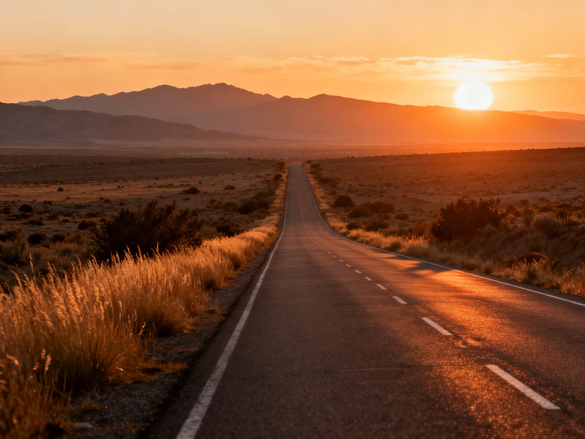 A straight highway extends into the desert toward distant mountains at sunset
