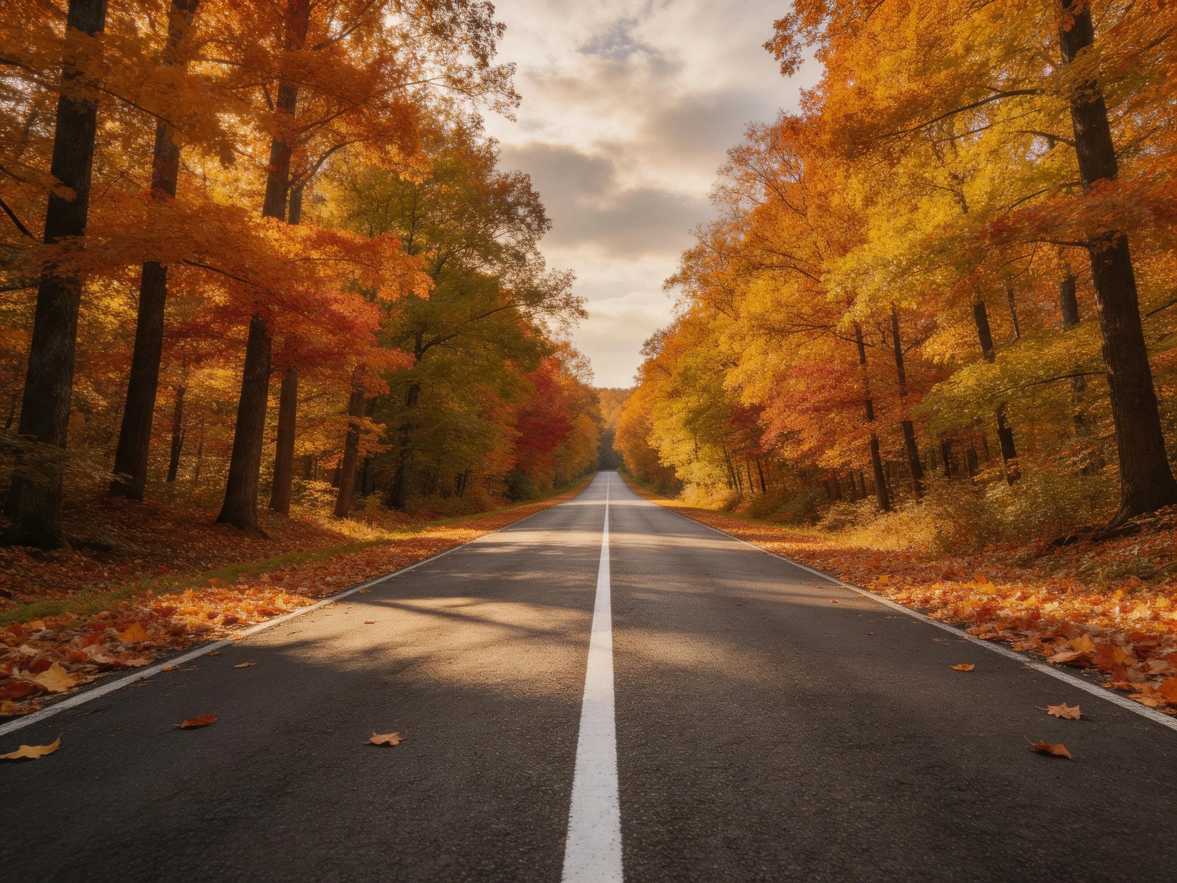A straight road flanked by colorful autumn trees