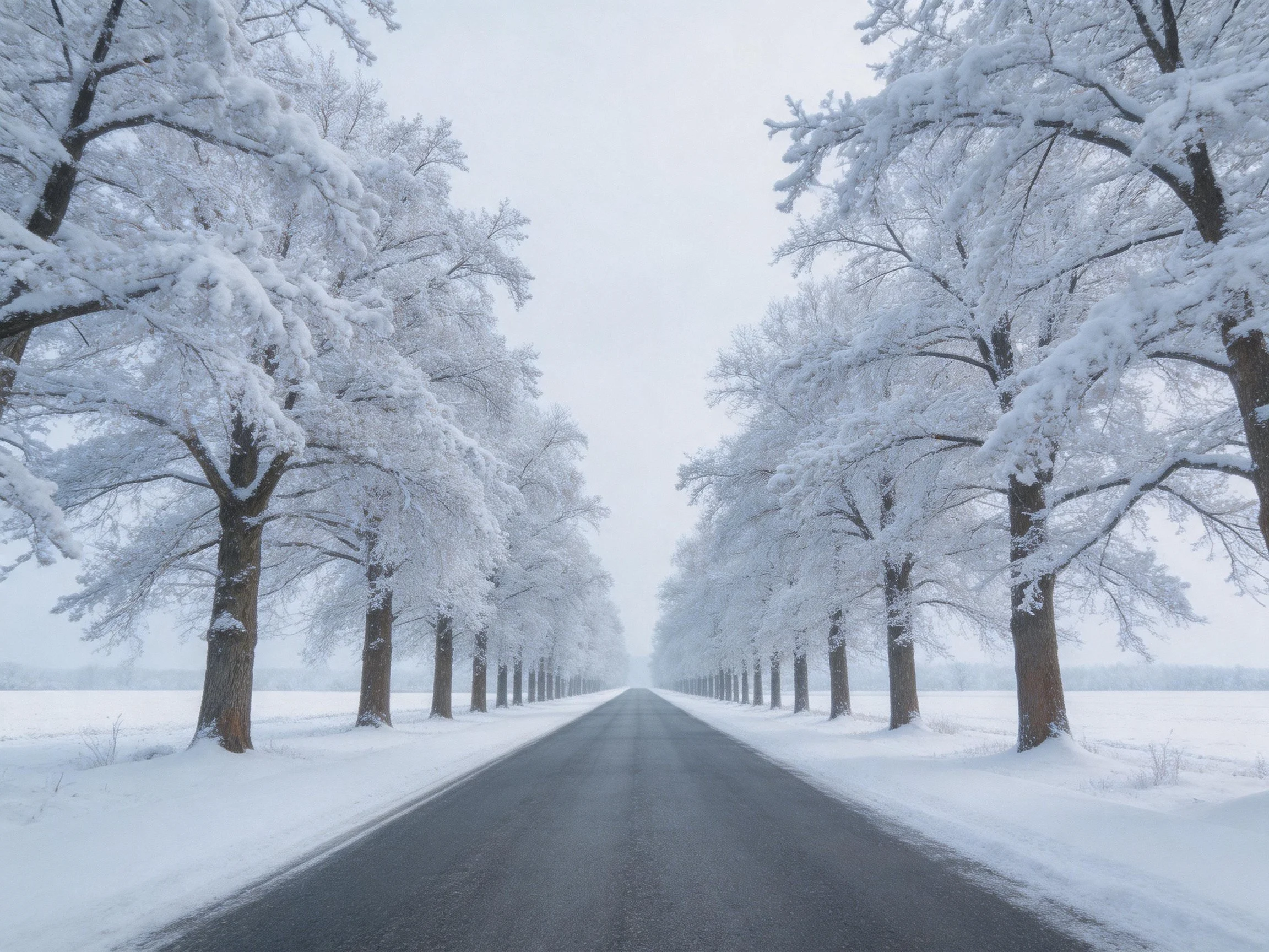 A straight road is bordered by snow-covered trees in a peaceful winter setting