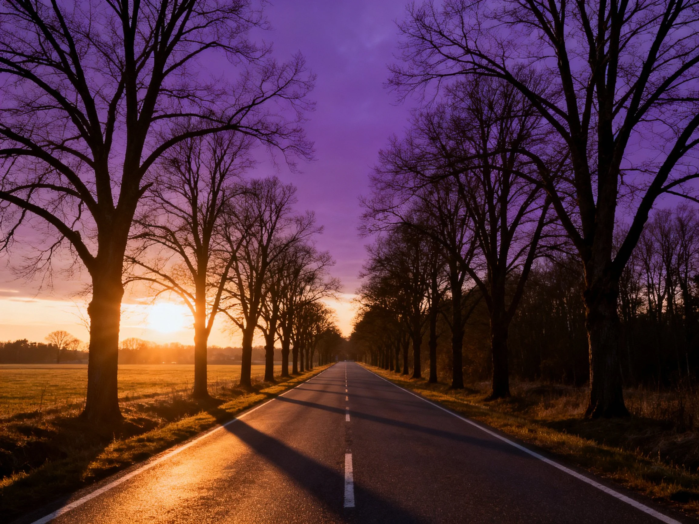 A straight road lined with bare trees under a purple twilight sky