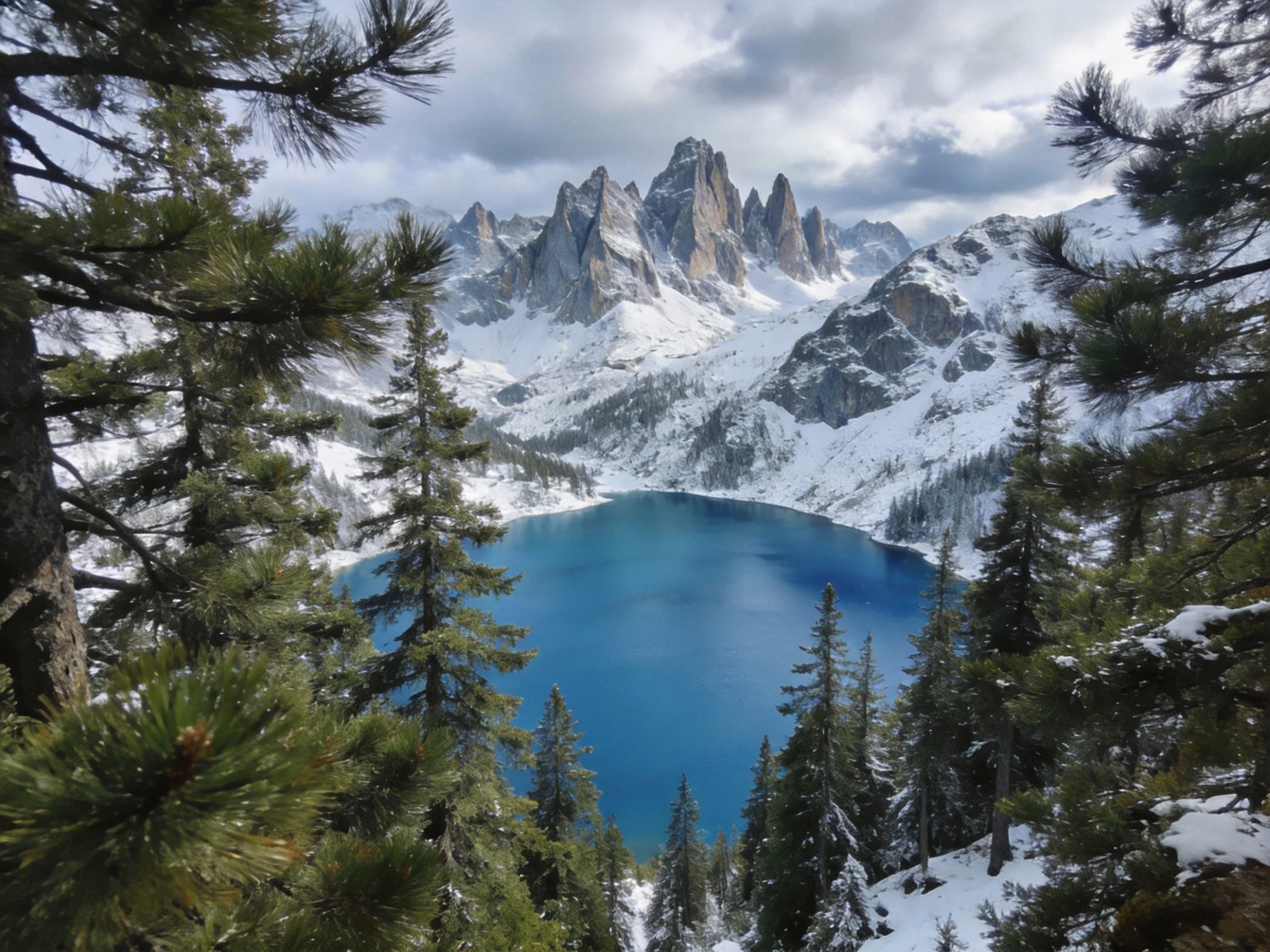 A striking alpine lake with snow-capped mountains and pine forests