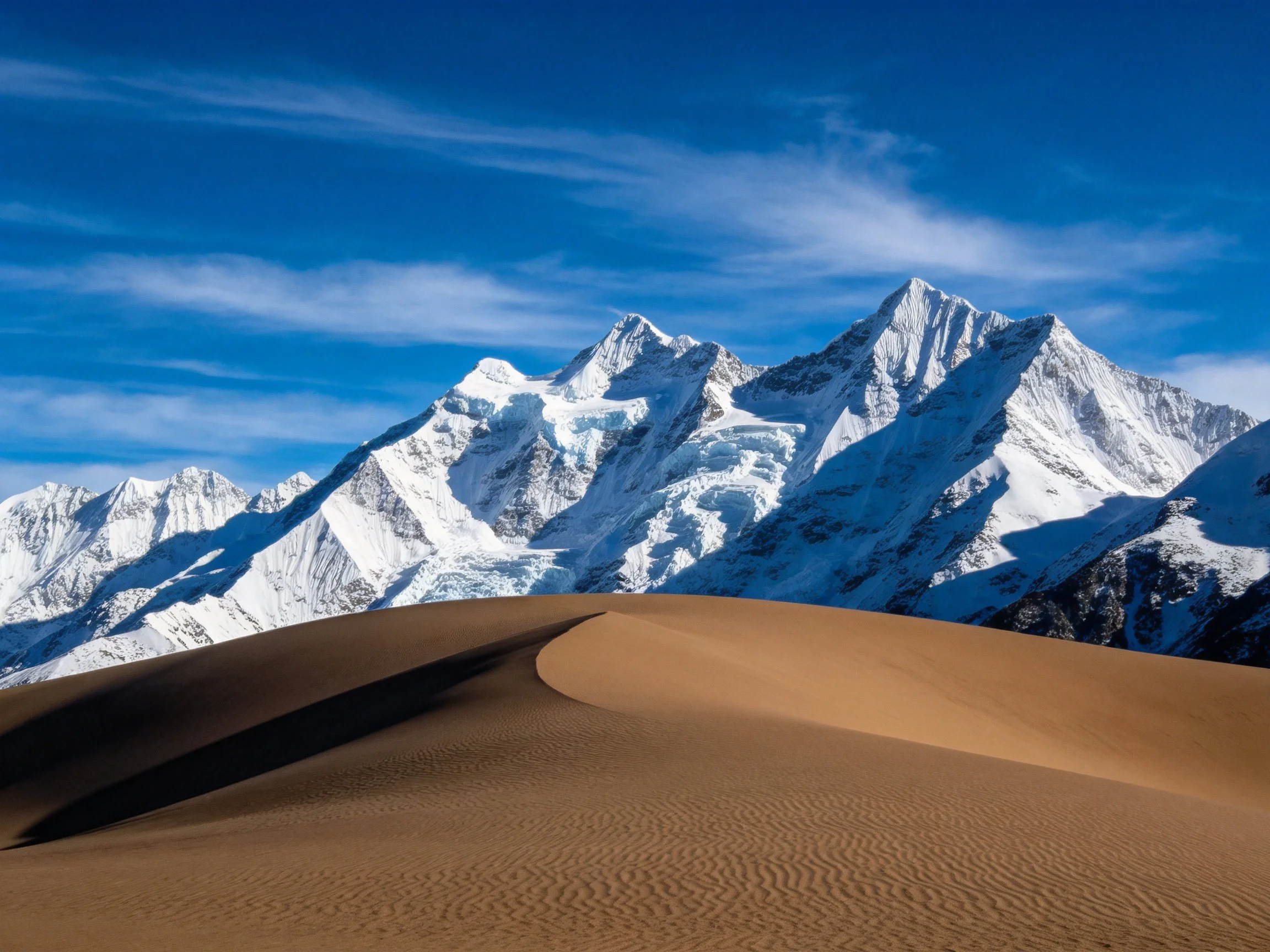 A striking contrast of golden sand dunes and snow-capped peaks