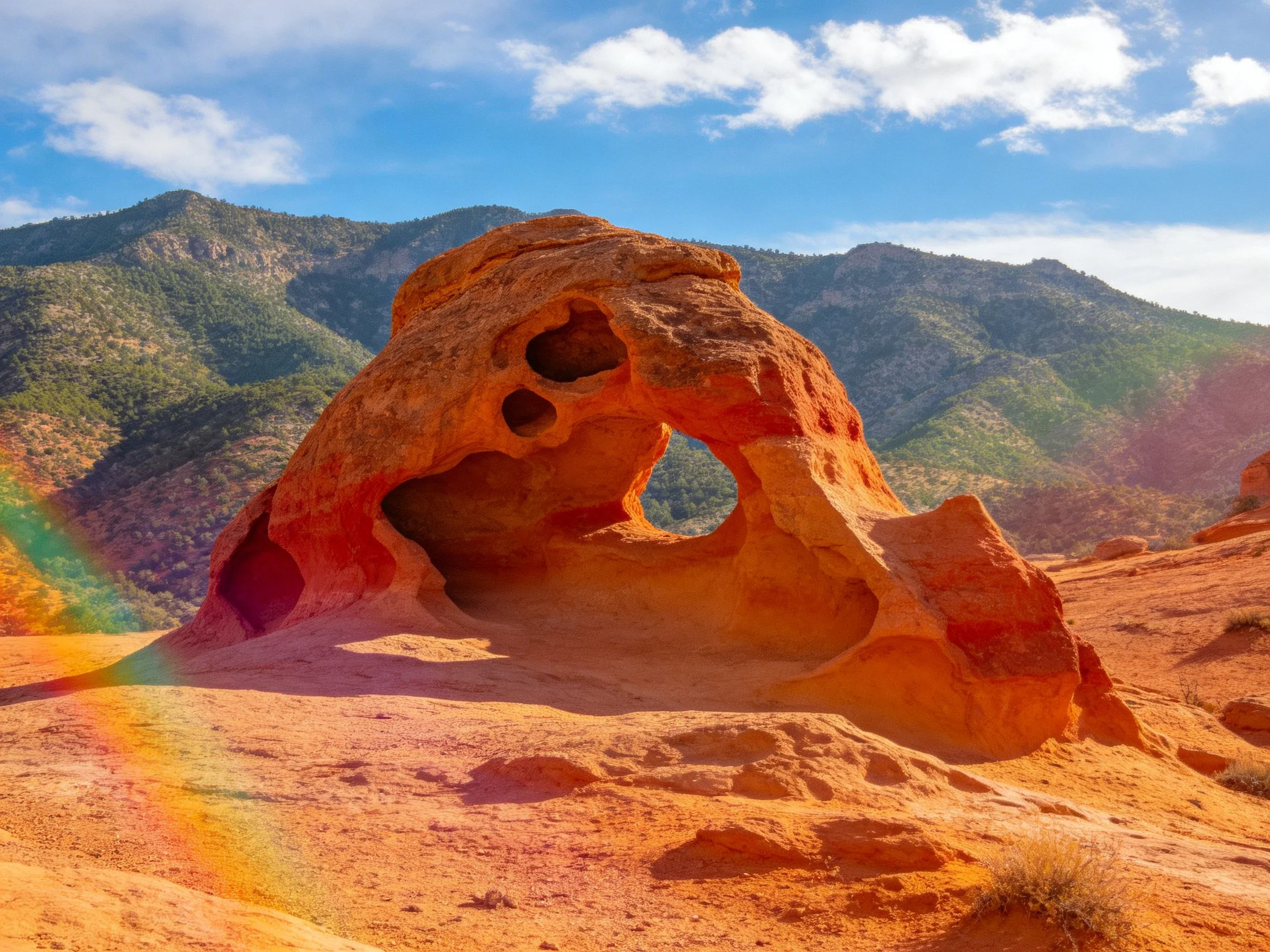 A striking orange sandstone arch with mountainous backdrop
