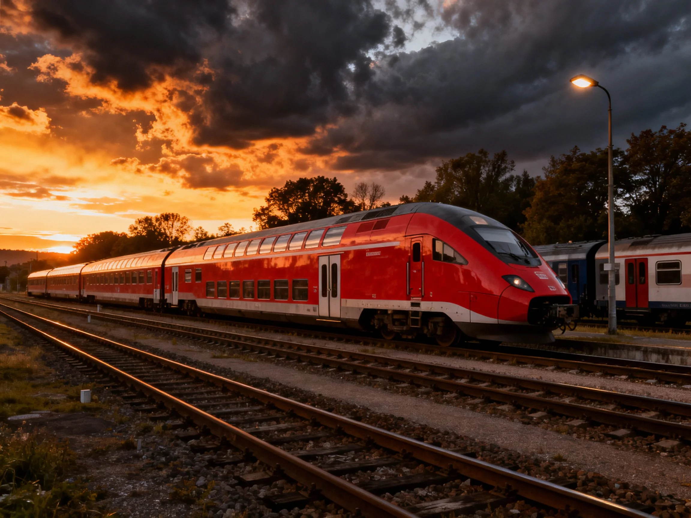 A striking red passenger train on railway tracks during dramatic sunset