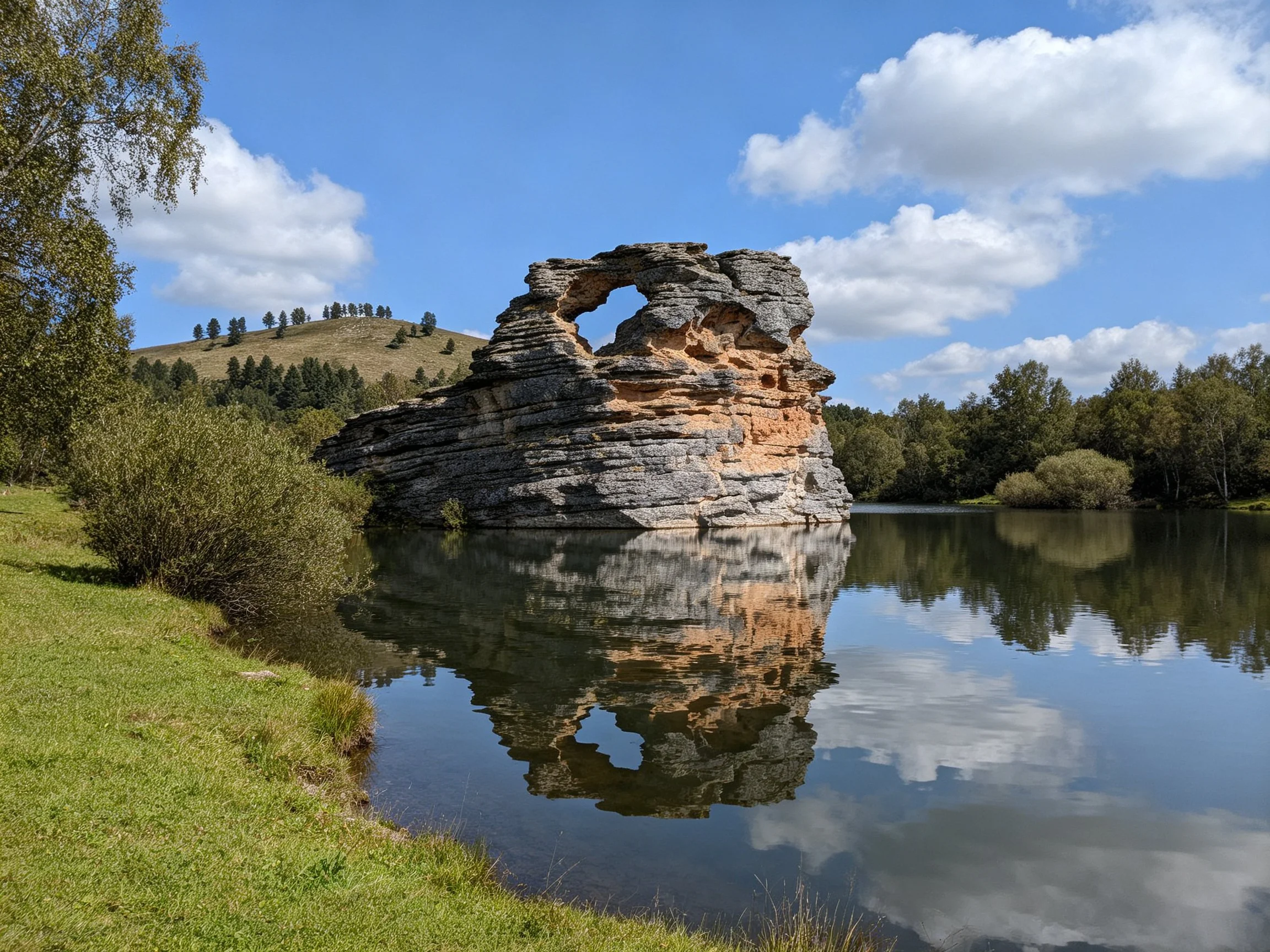 A striking rock formation reflected in calm waters under bright blue skies