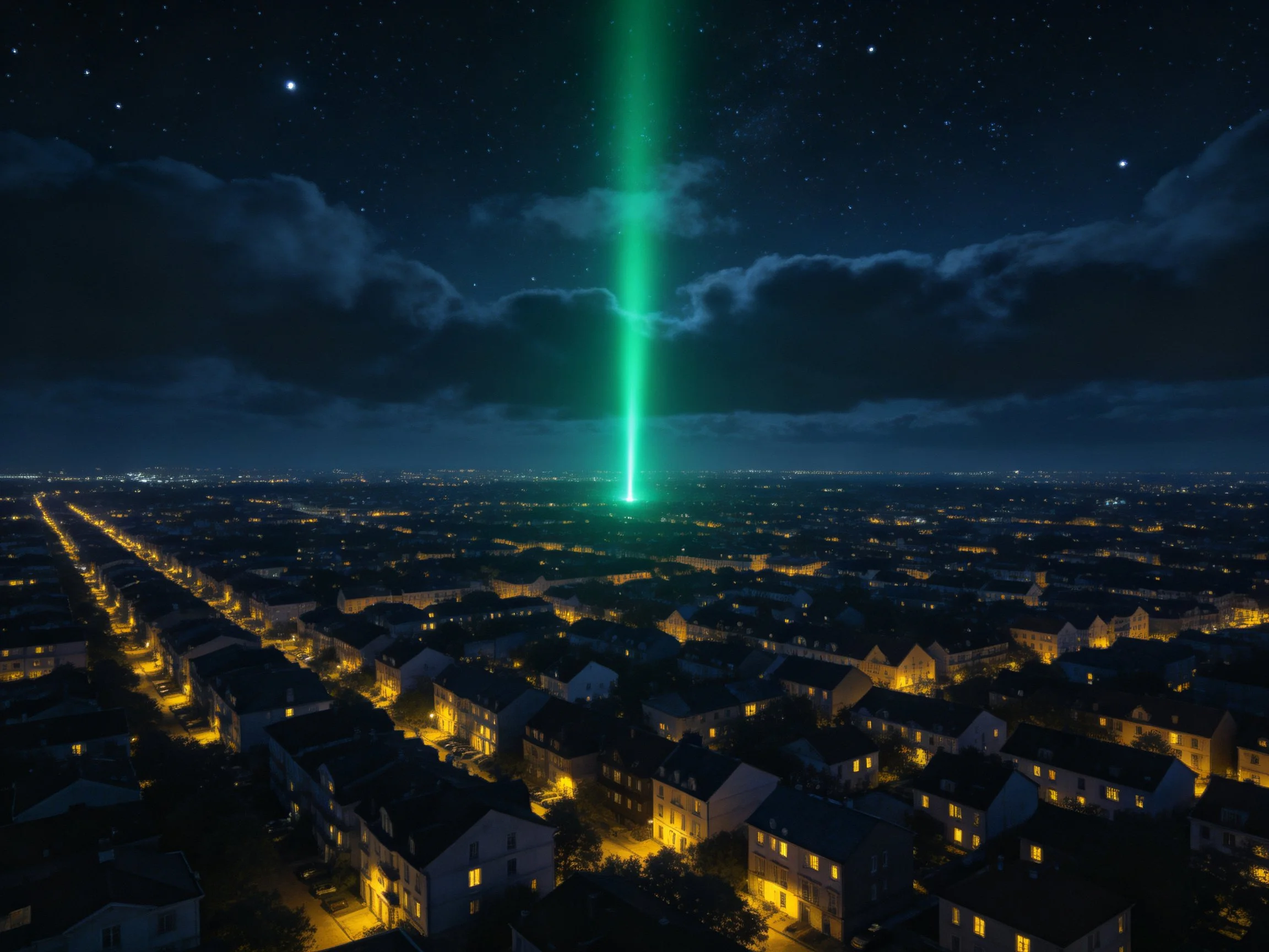 A suburban night with a mysterious green beam illuminating homes