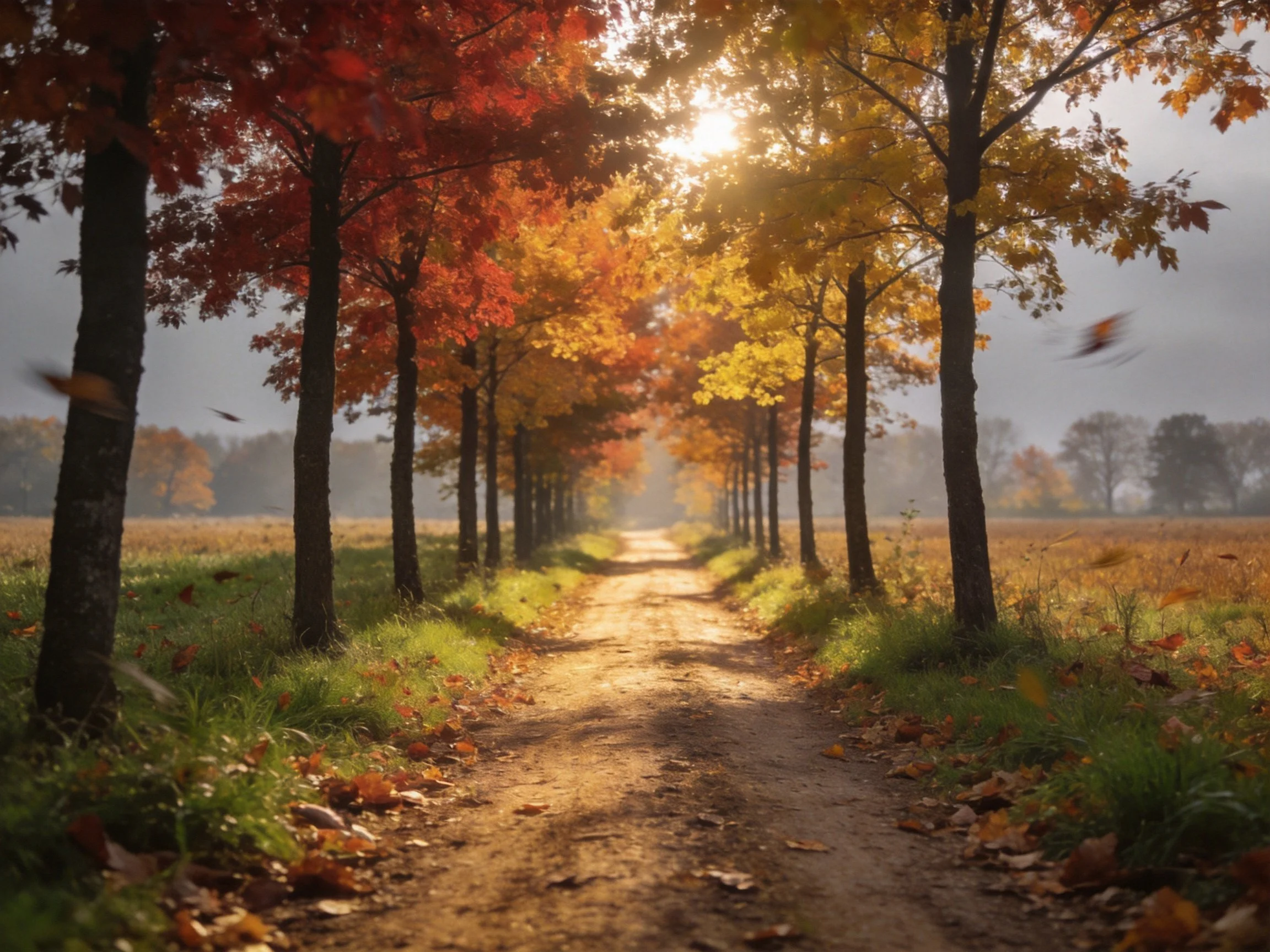 A sun-dappled dirt path bordered by vibrant autumn trees