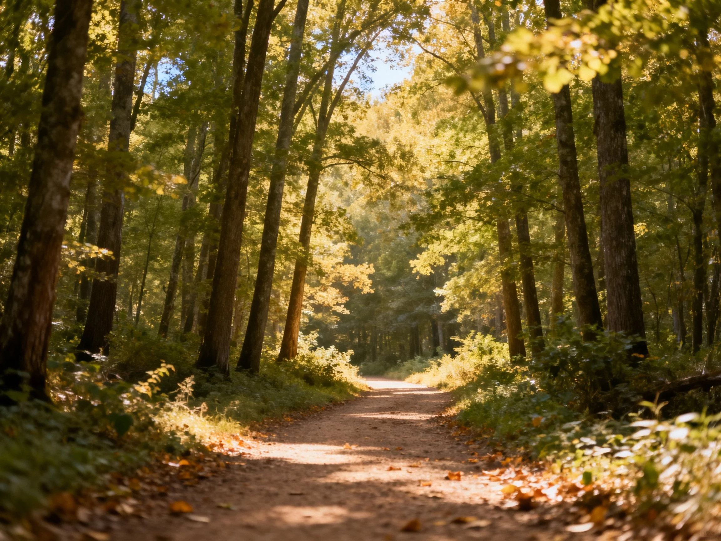 A sun-dappled dirt path through tall forest trees