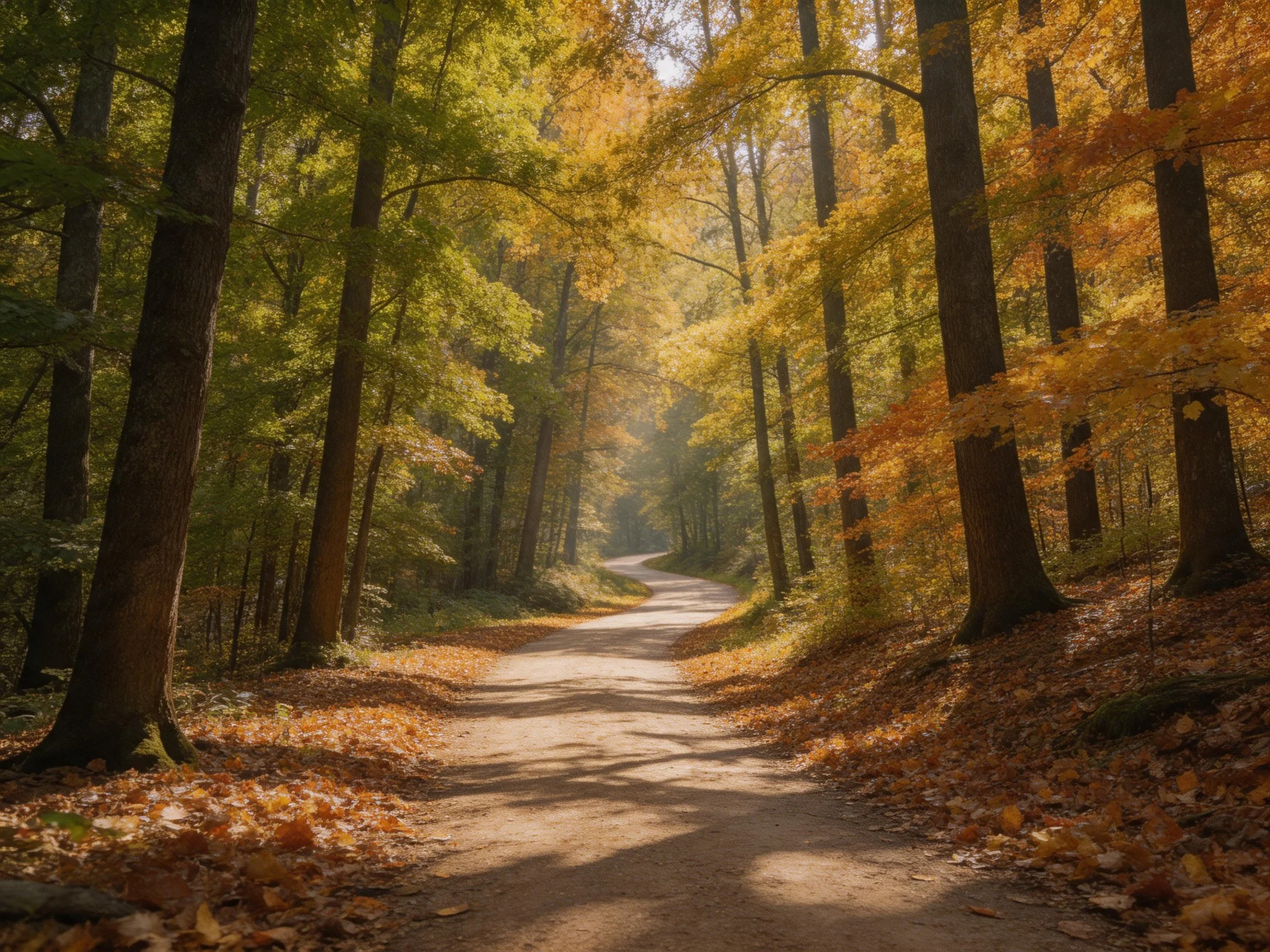 A sun-dappled dirt path winding through autumn forest with golden foliage