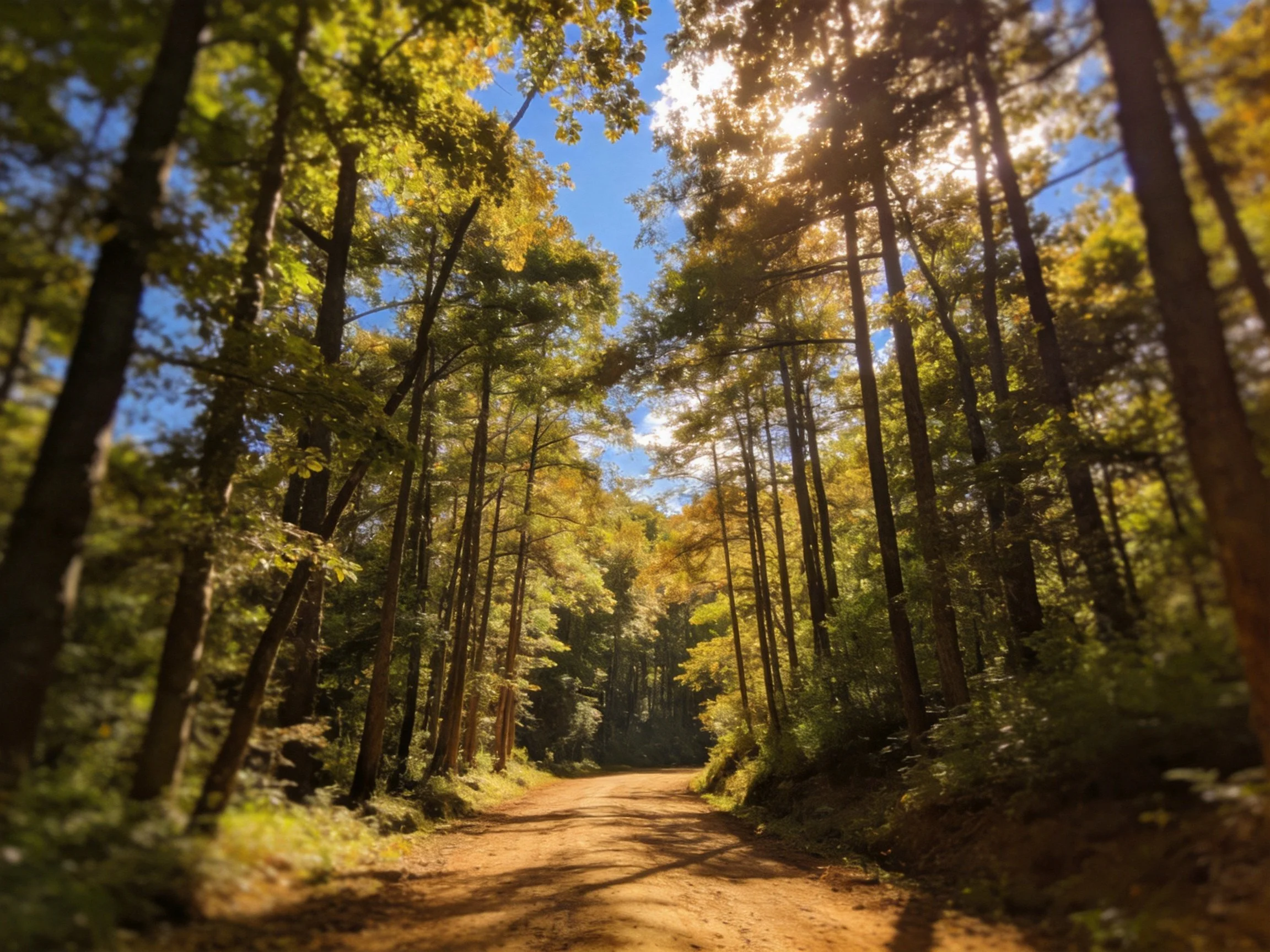 A sun-dappled dirt path winds through tall forest trees