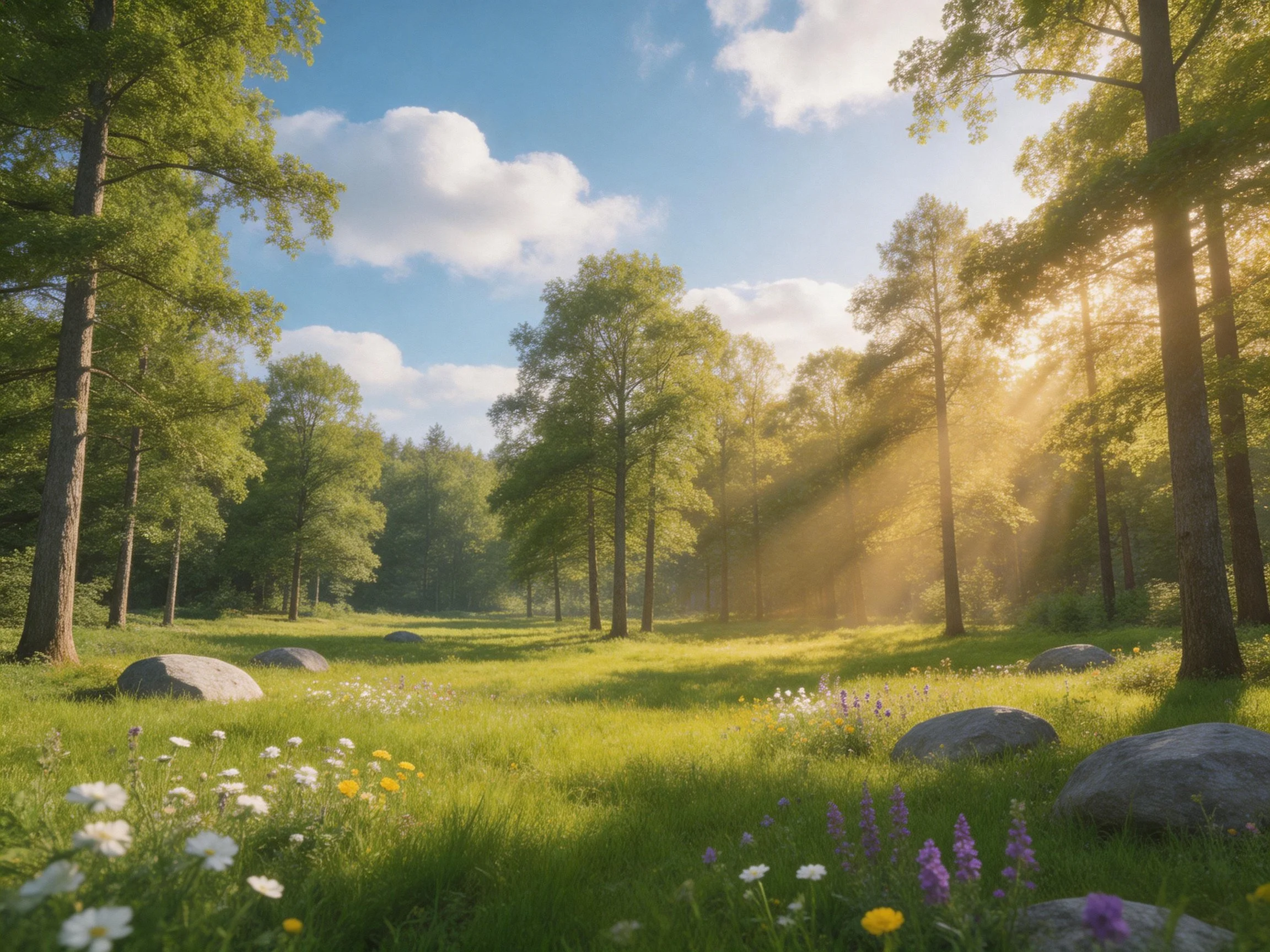 A sun-dappled forest clearing with tall trees and colorful wildflowers
