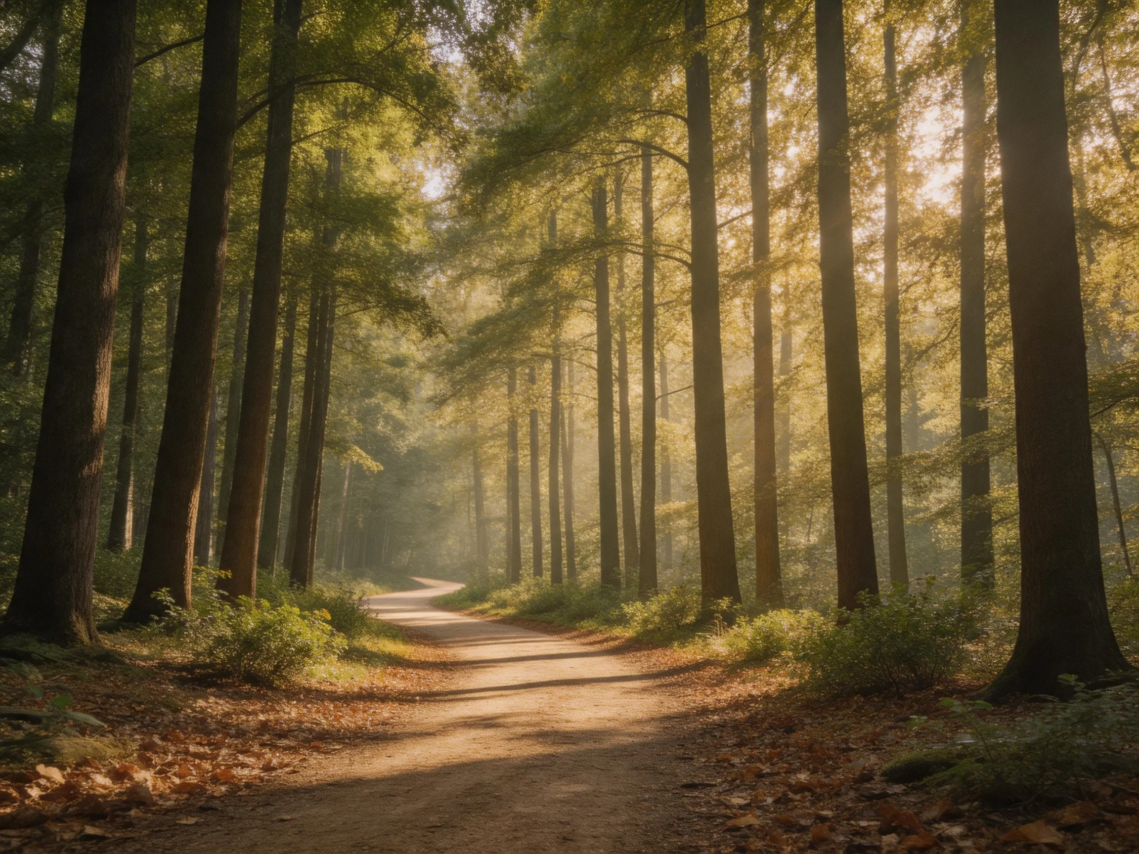 A sun-dappled forest path