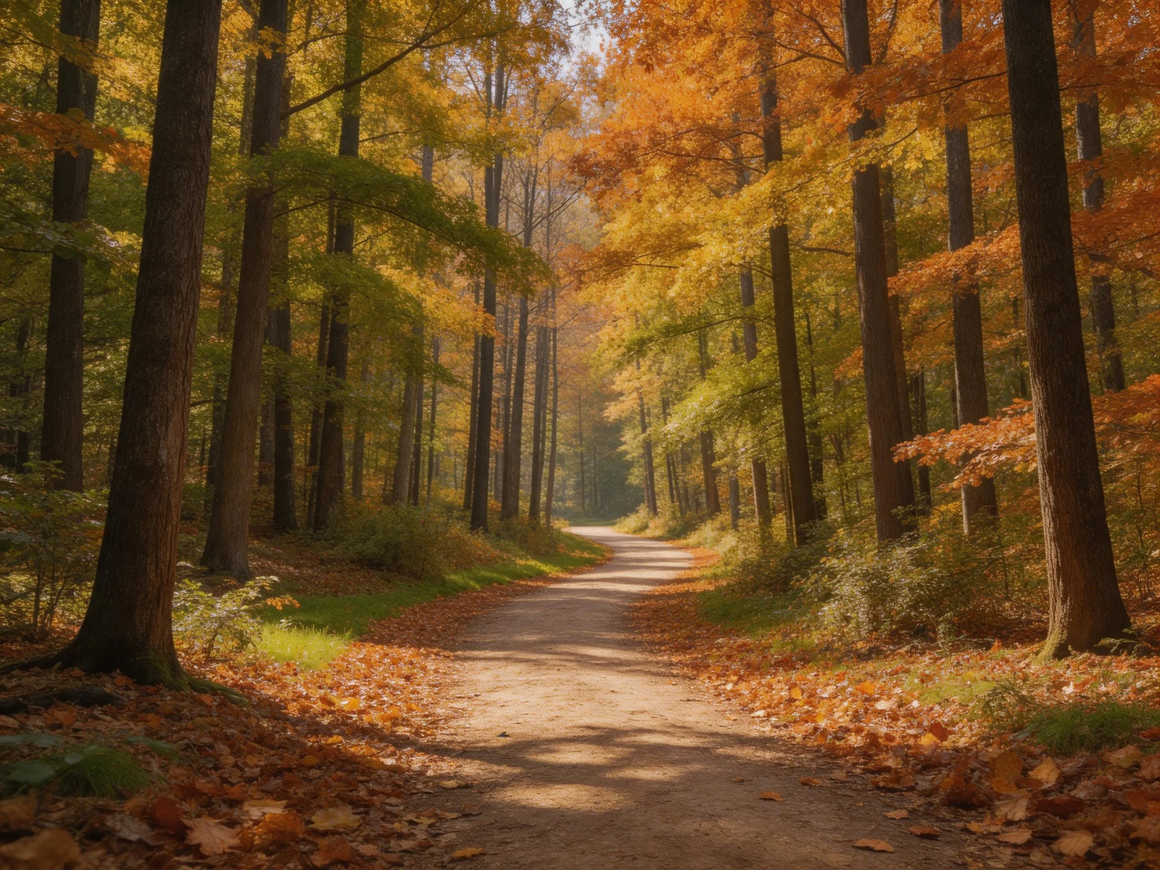 A sun-dappled forest path lined with autumn-hued trees