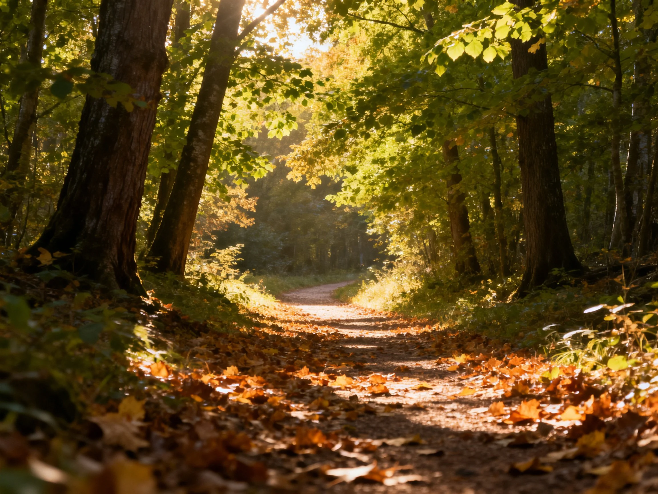 A sun-dappled forest path lined with autumn leaves