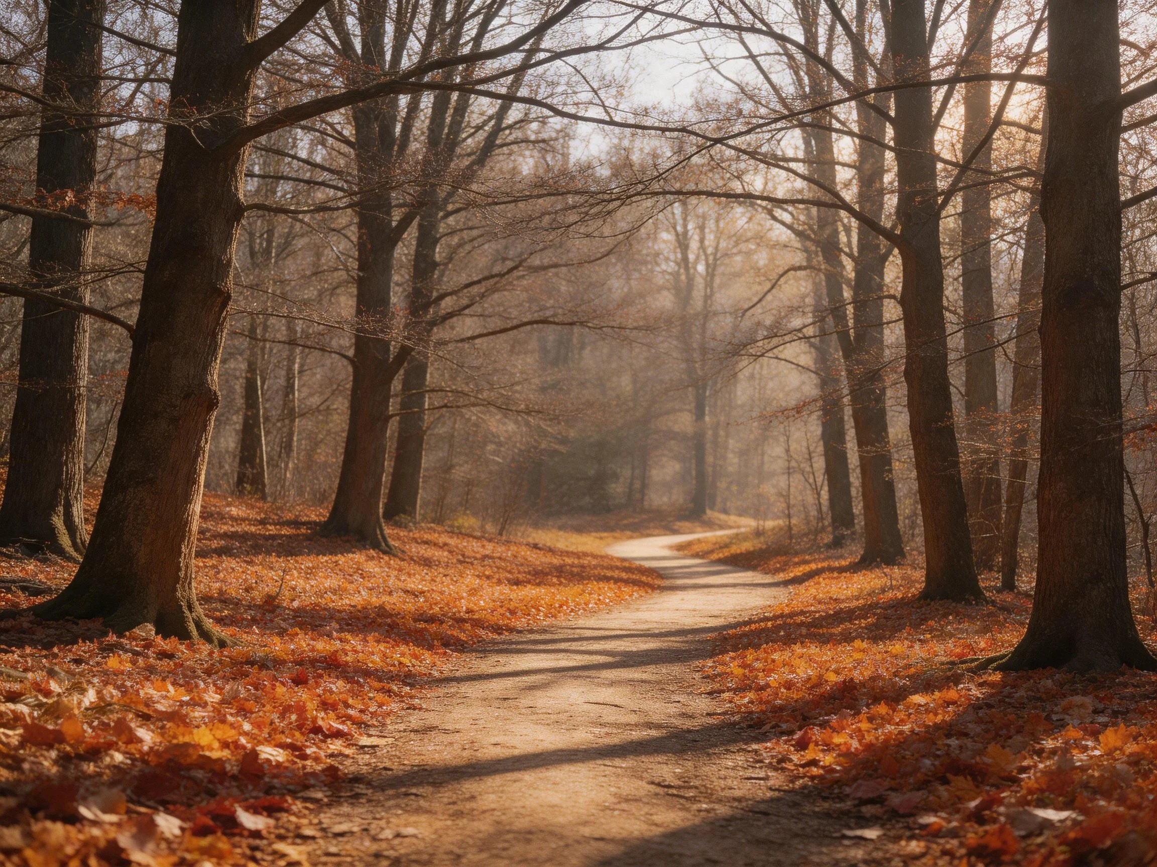 A sun-dappled forest path lined with golden fallen leaves