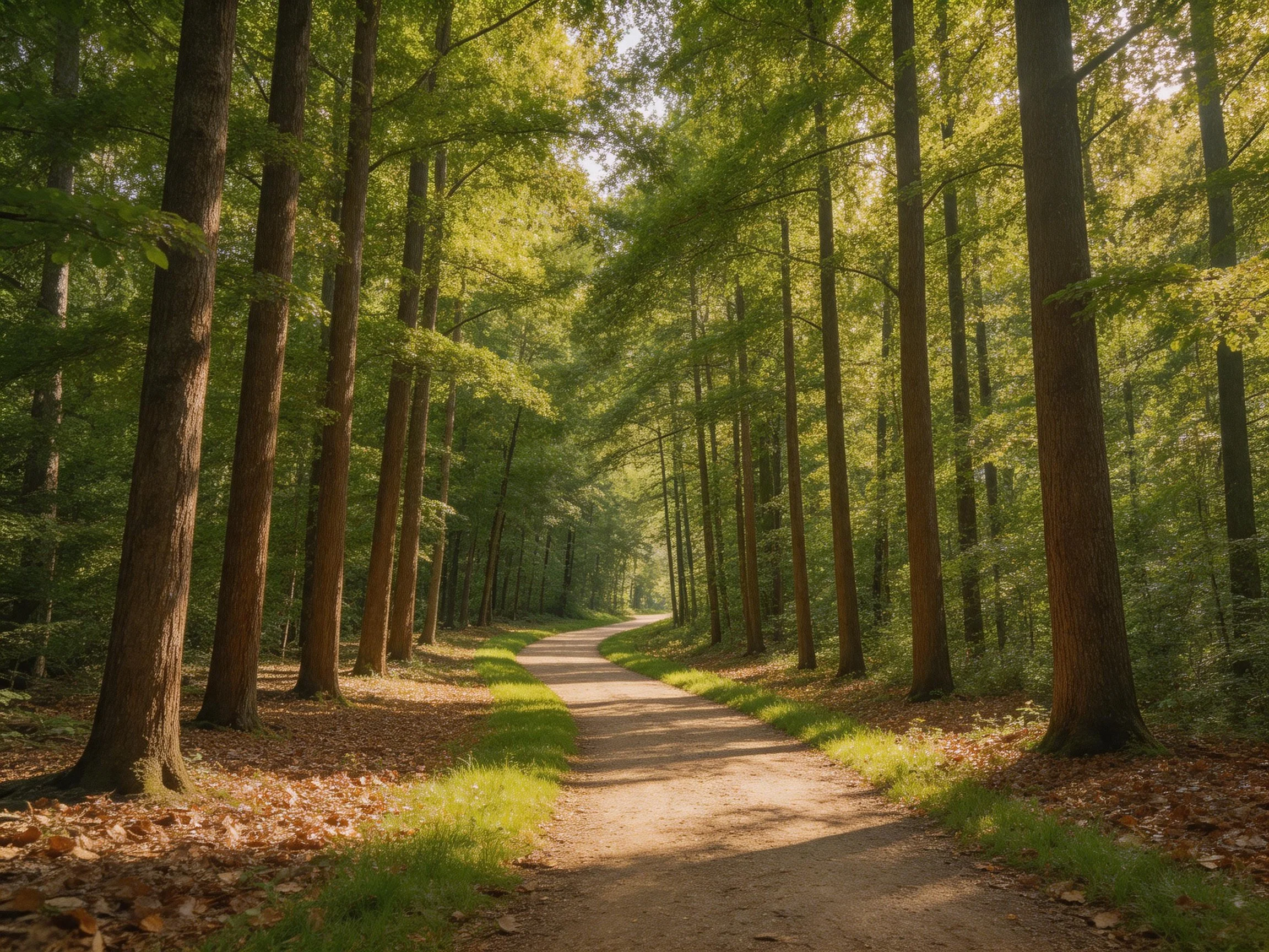 A sun-dappled forest path lined with tall green trees