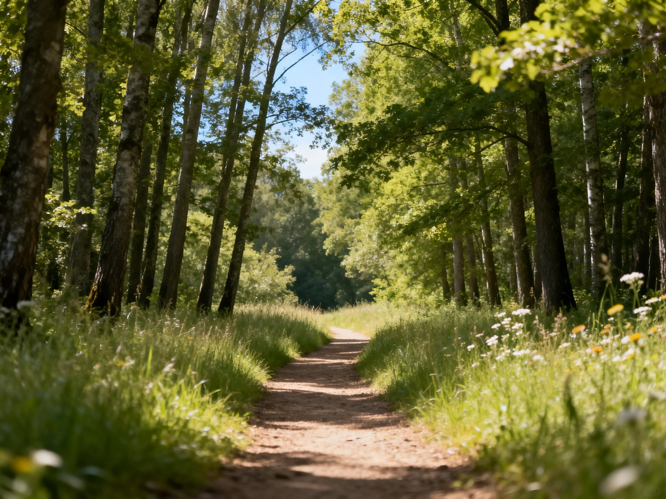 A sun-dappled forest path lined with tall green trees