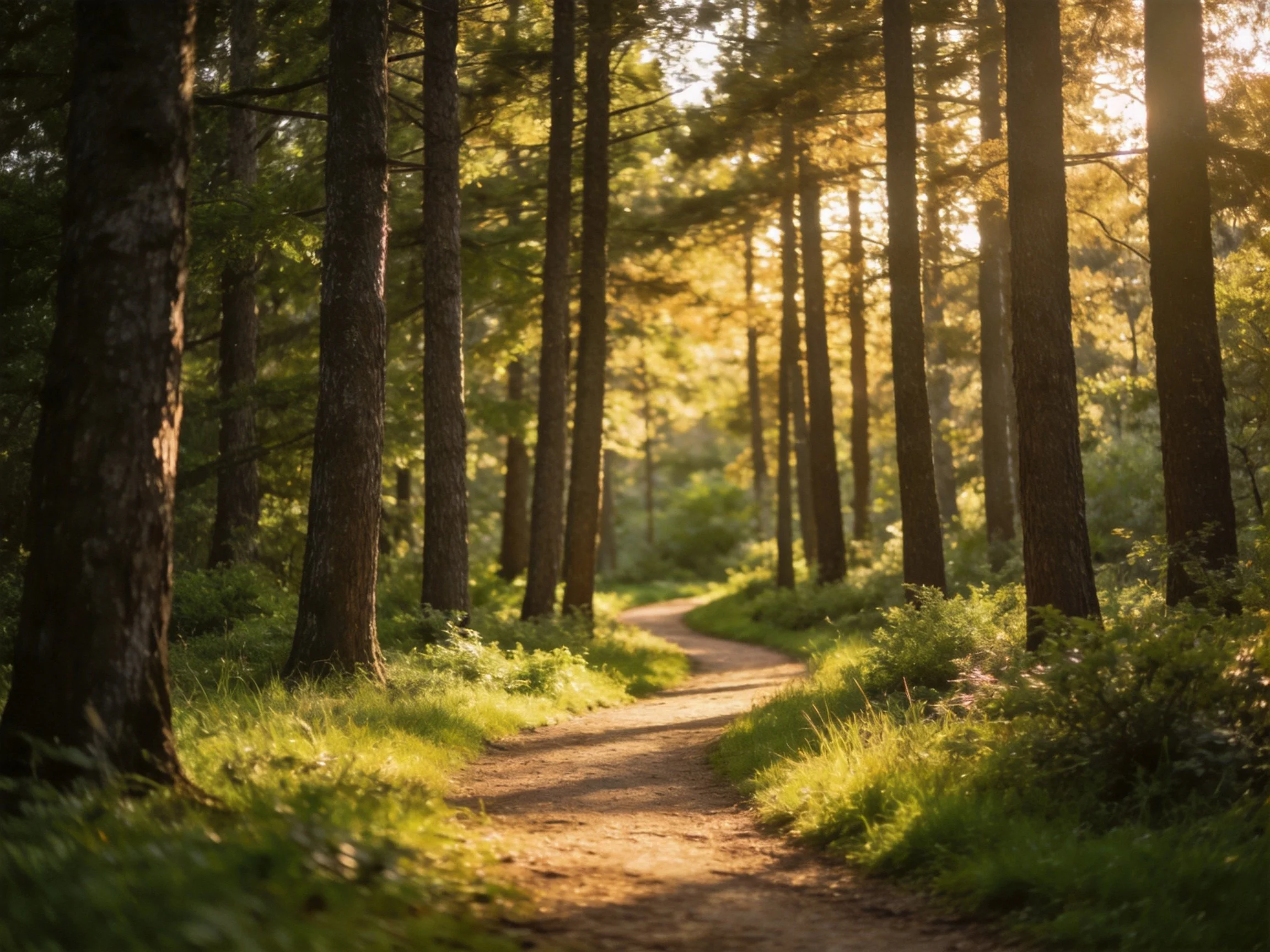 A sun-dappled forest path winding through tall brown-trunked trees
