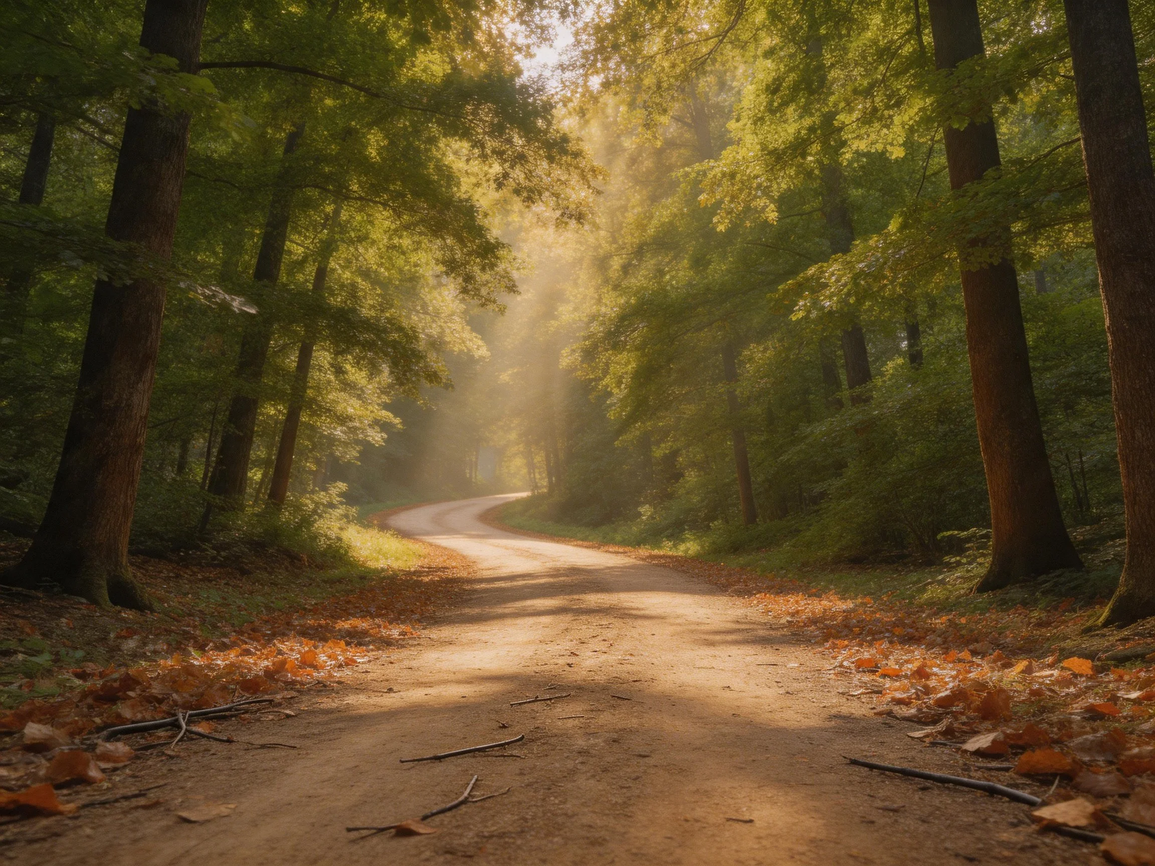 A sun-dappled forest path winding through tall green trees