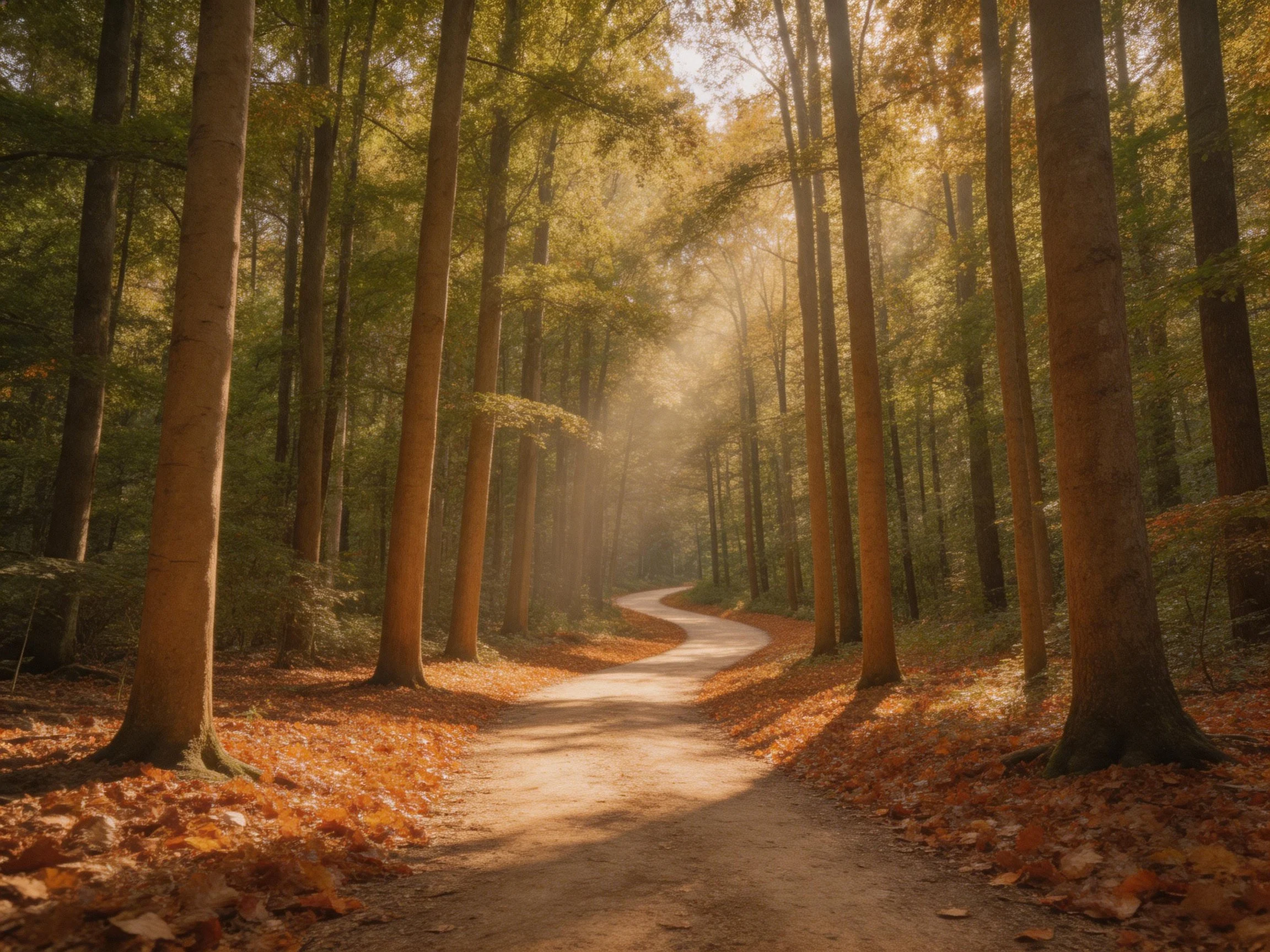 A sun-dappled forest path winding through tall trees with golden foliage