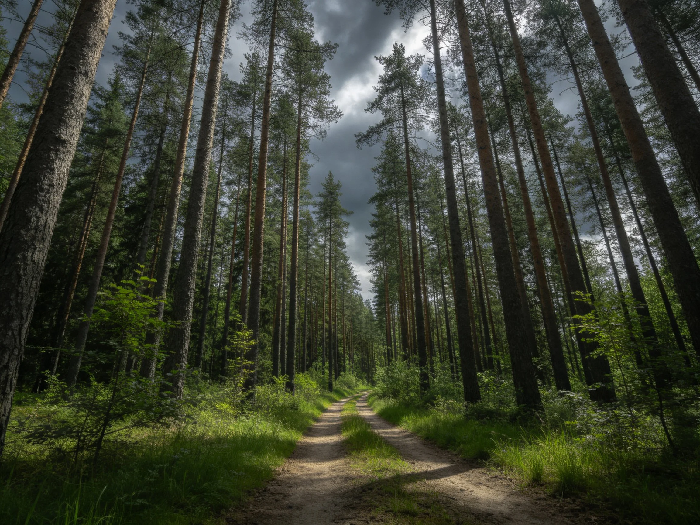 A sun-dappled forest path winds among tall pine trees under a cloudy sky
