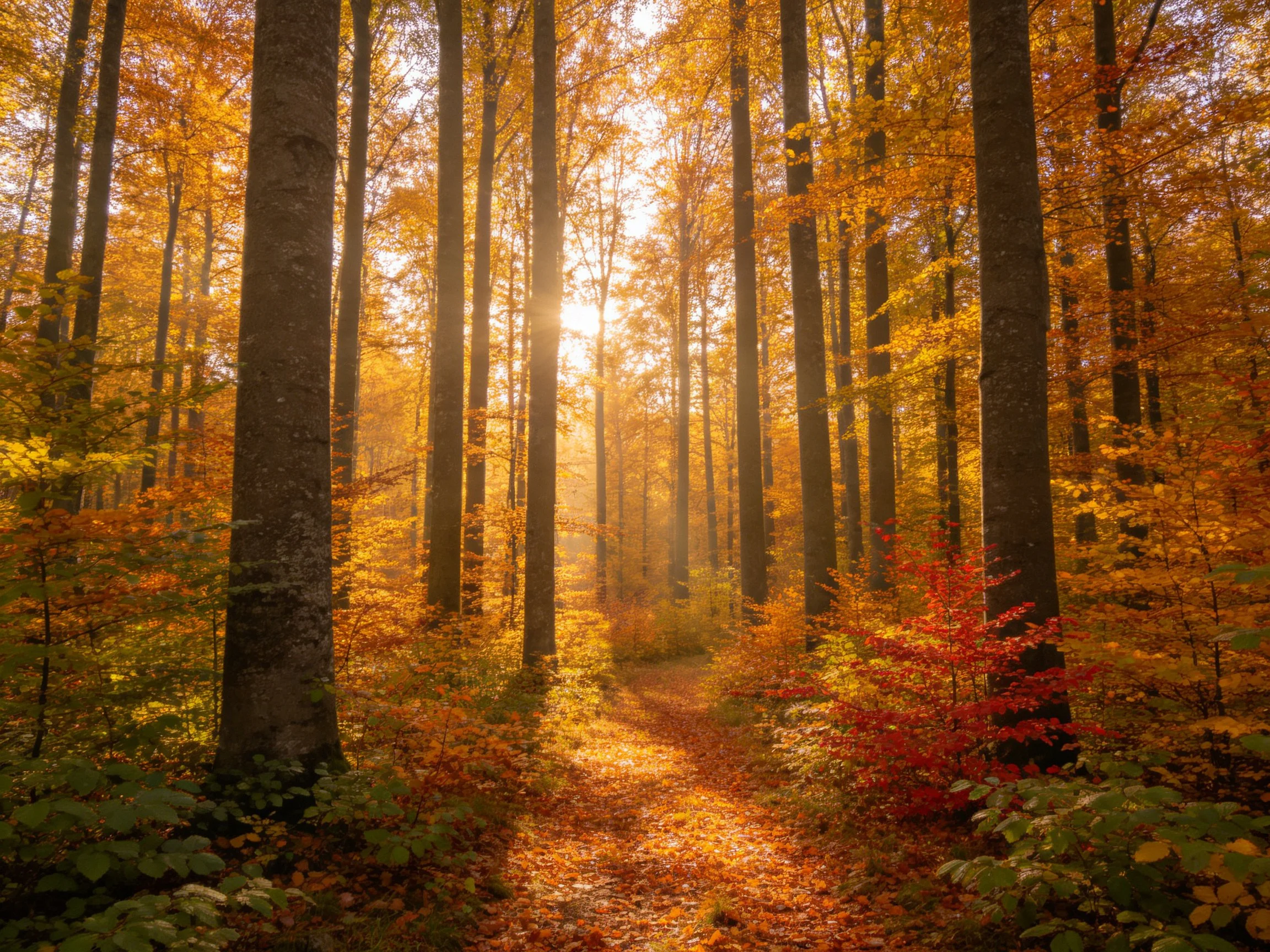A sun-dappled forest path with golden autumn foliage
