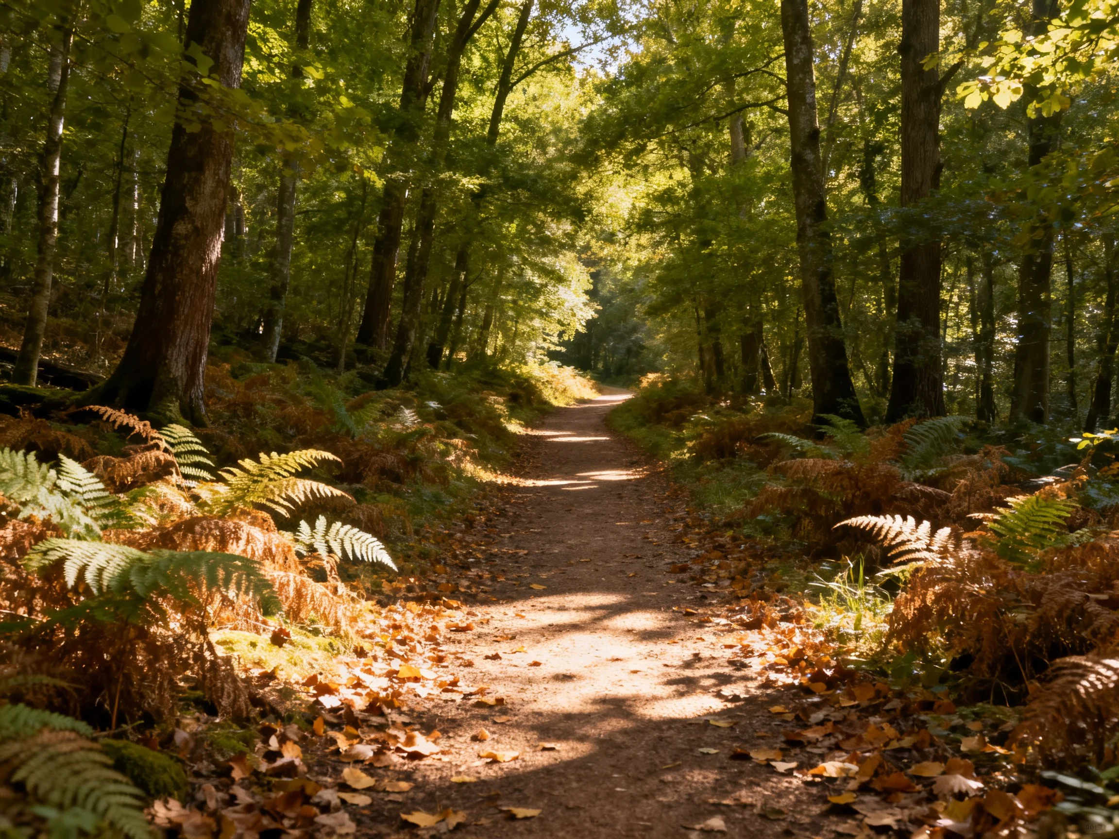 A sun-dappled forest path with tall trees and ferns