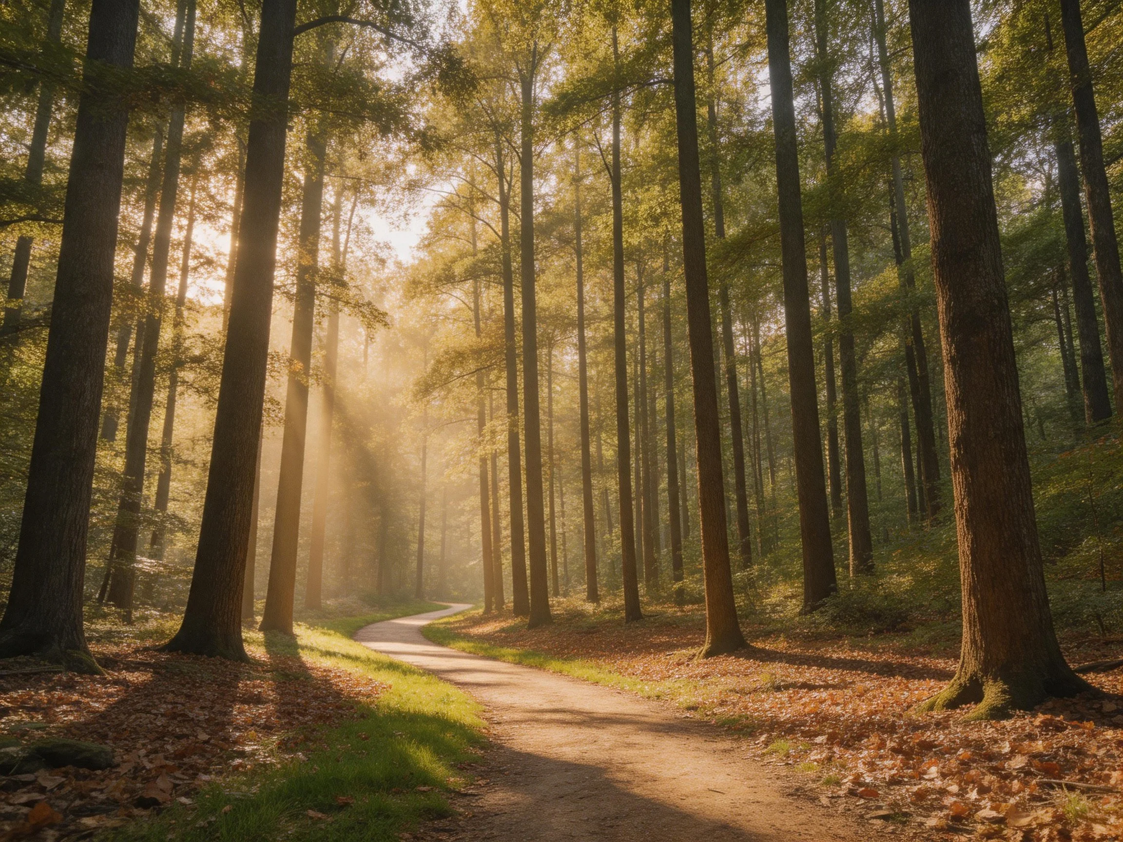 A sun-dappled forest path with tall trees and golden light