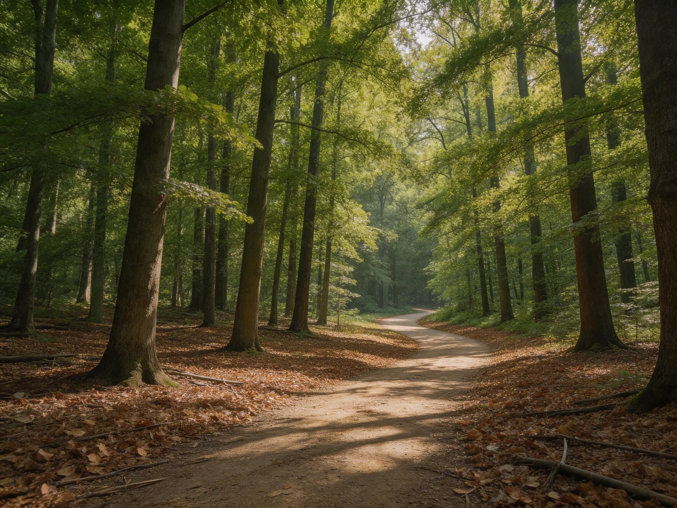 A sun-dappled forest path with towering trees and fallen leaves
