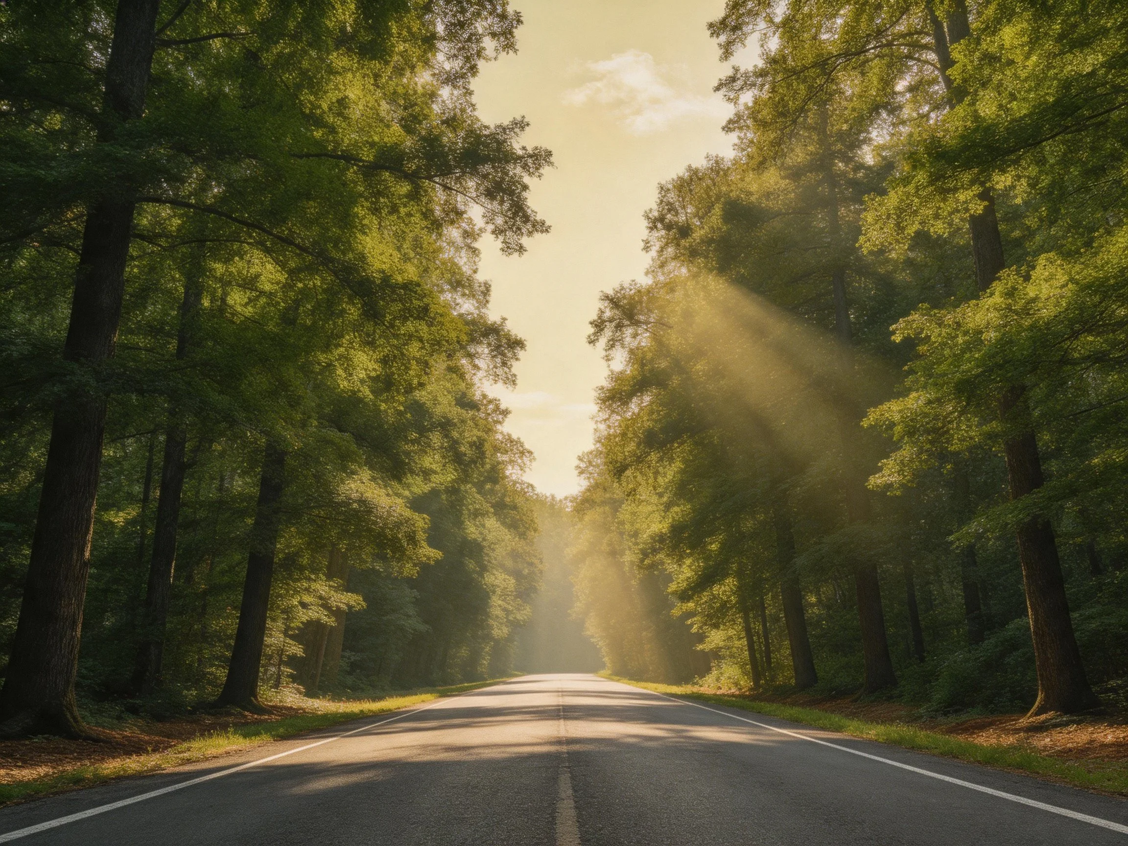 A sun-dappled forest road with tall green trees and golden rays