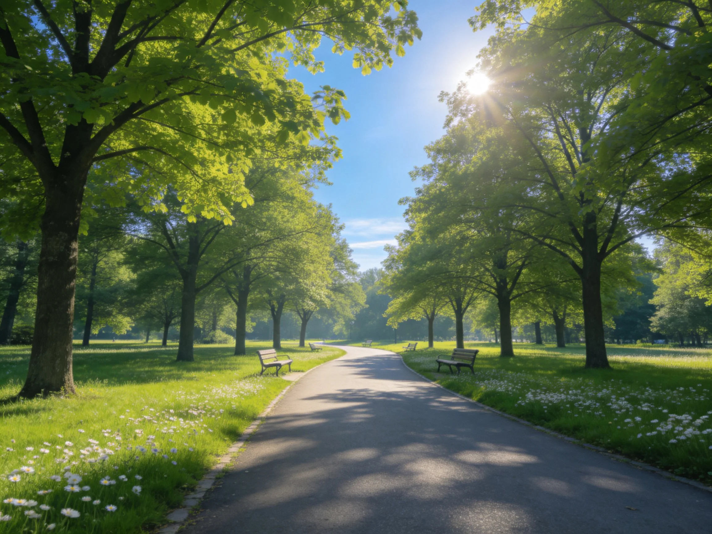 A sun-dappled park path lined with tall green trees