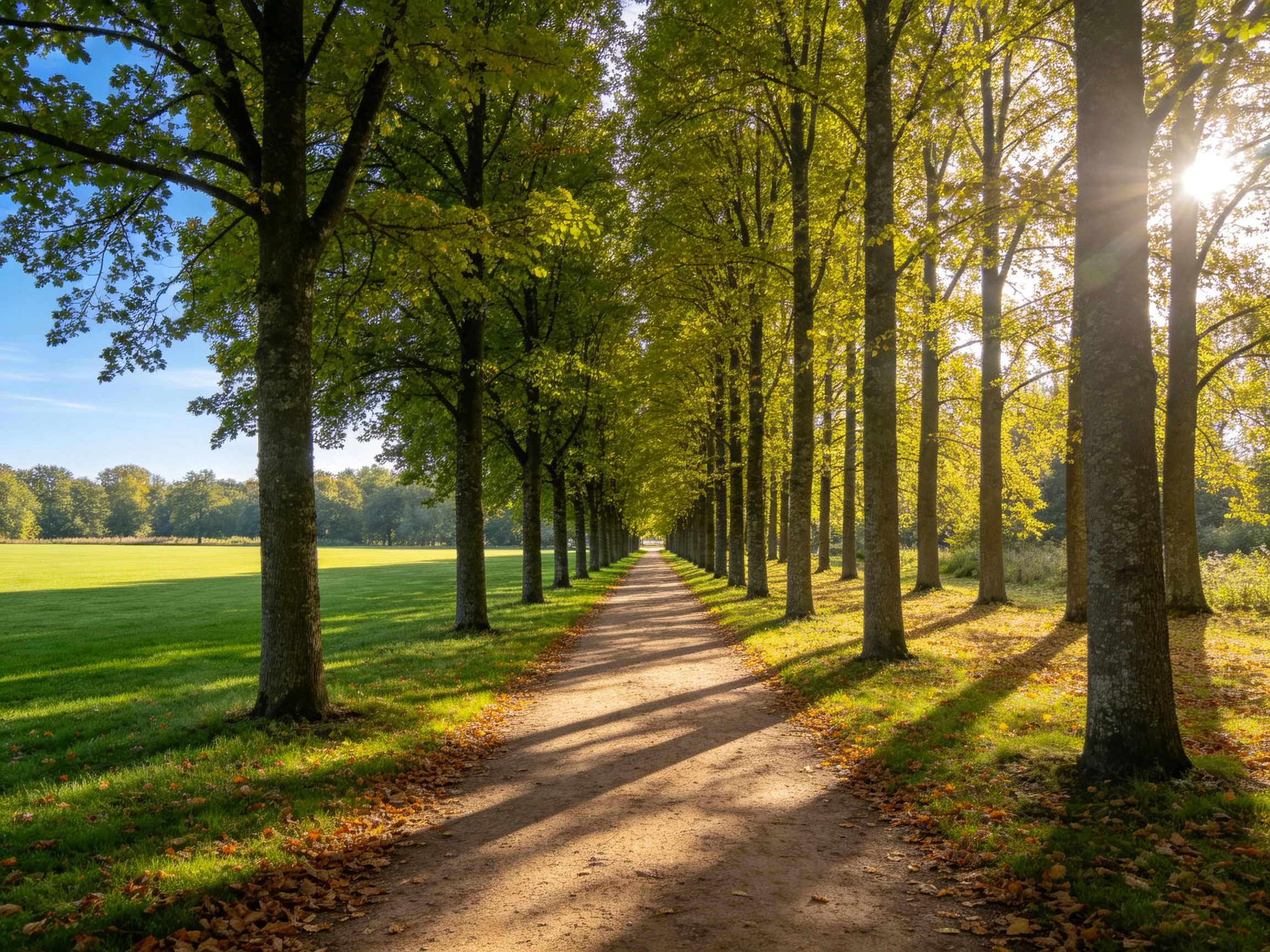 A sun-dappled path lined with tall trees leads toward green meadows