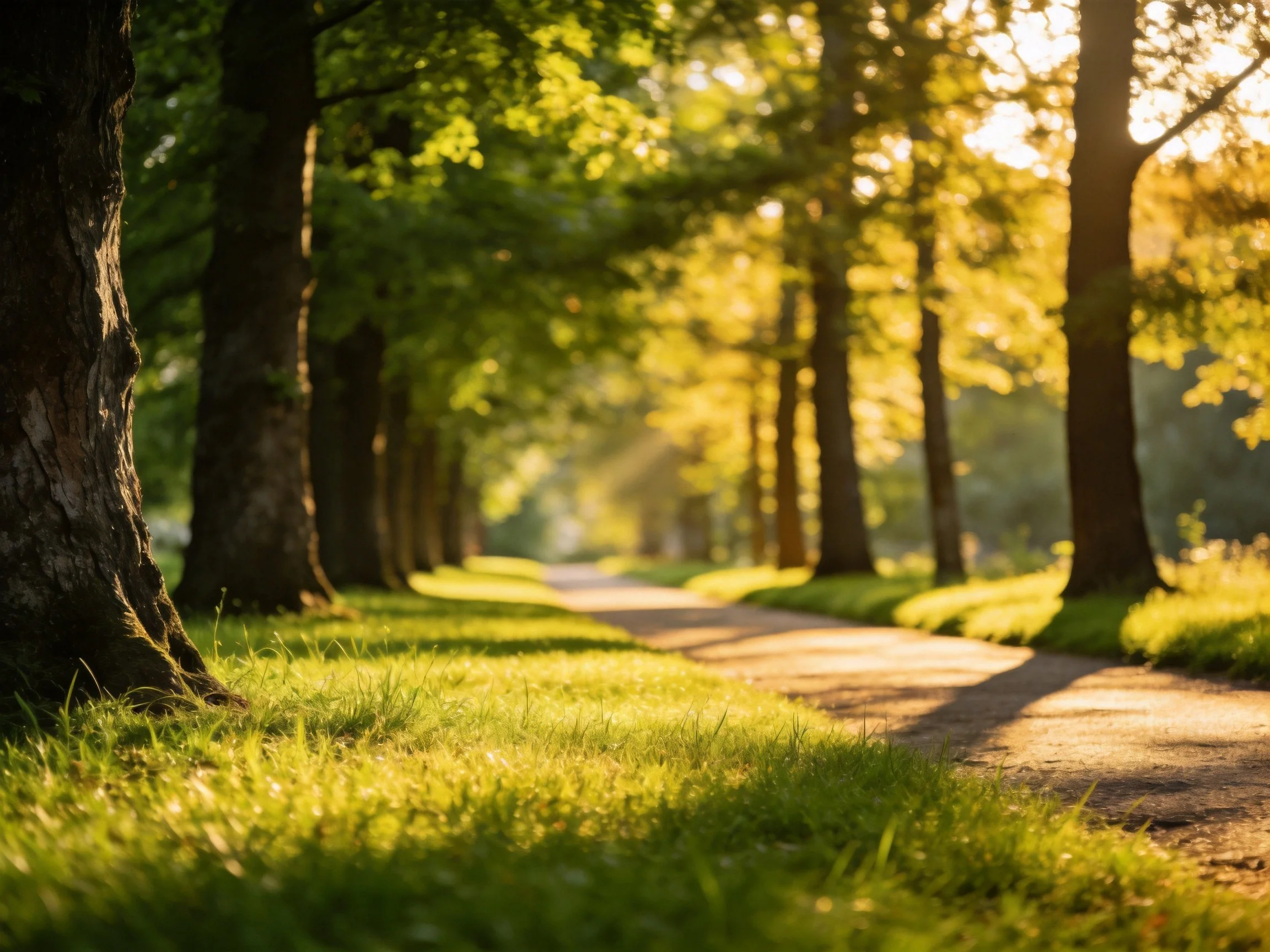 A sun-dappled tree-lined avenue with golden morning light