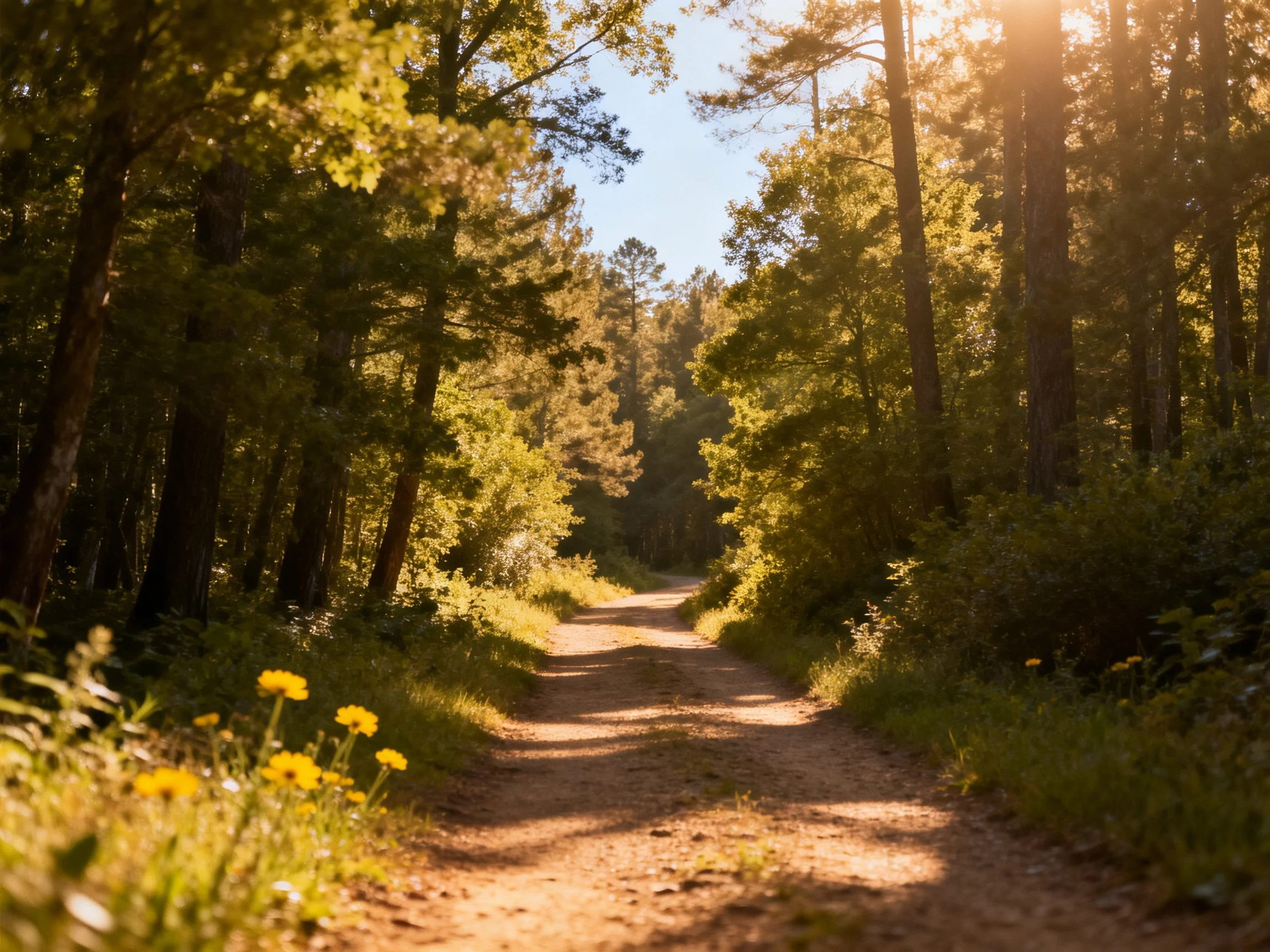 A sun-drenched dirt path through lush green forest with yellow wildflowers