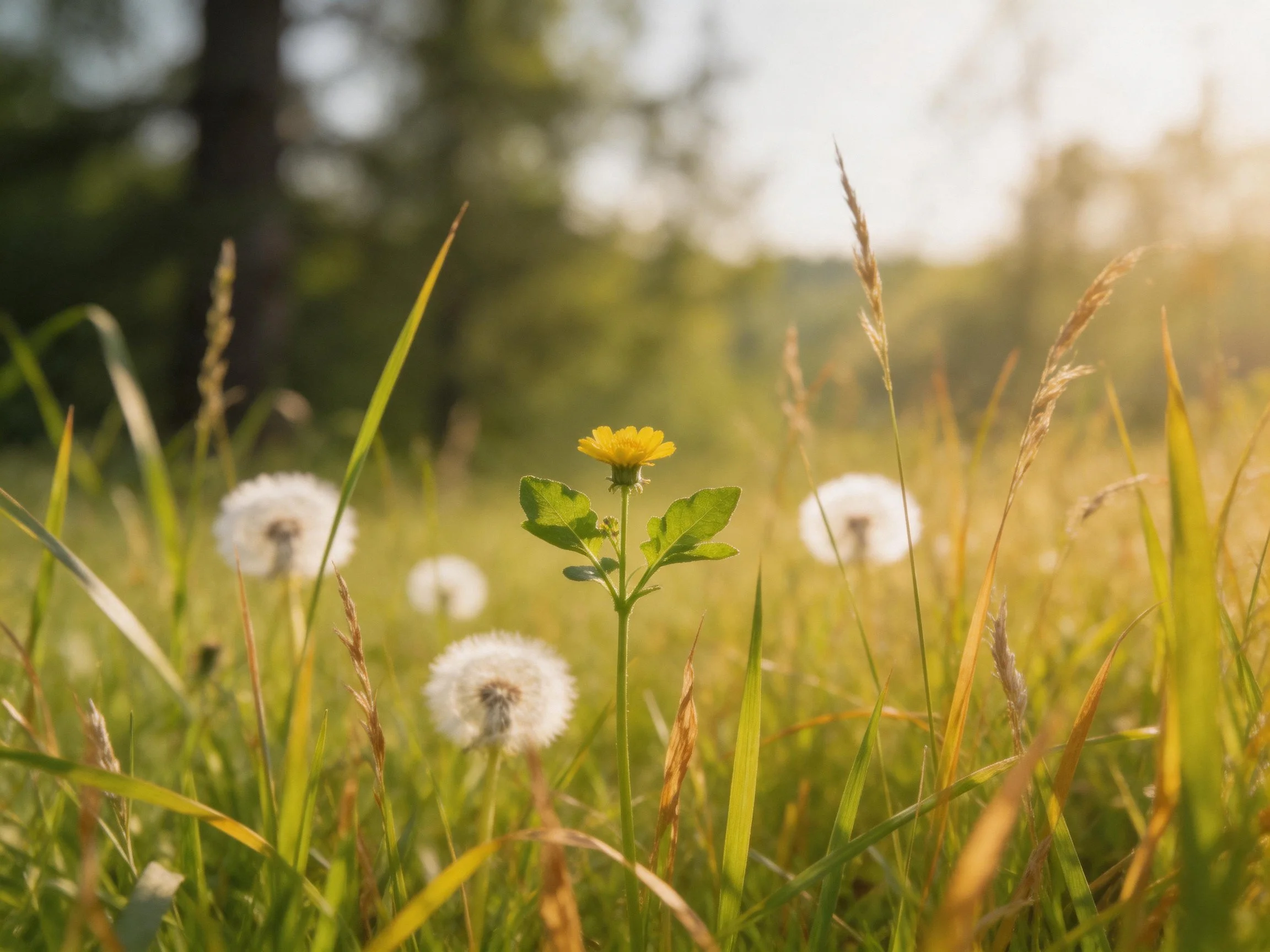 A sun-drenched meadow with tall grass, dandelions, and a yellow bloom