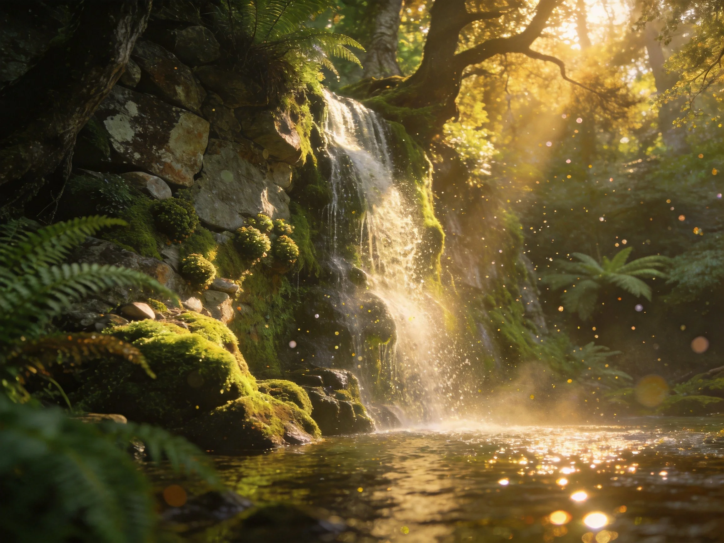 A sun-drenched waterfall cascades over mossy rocks into a glistening pool