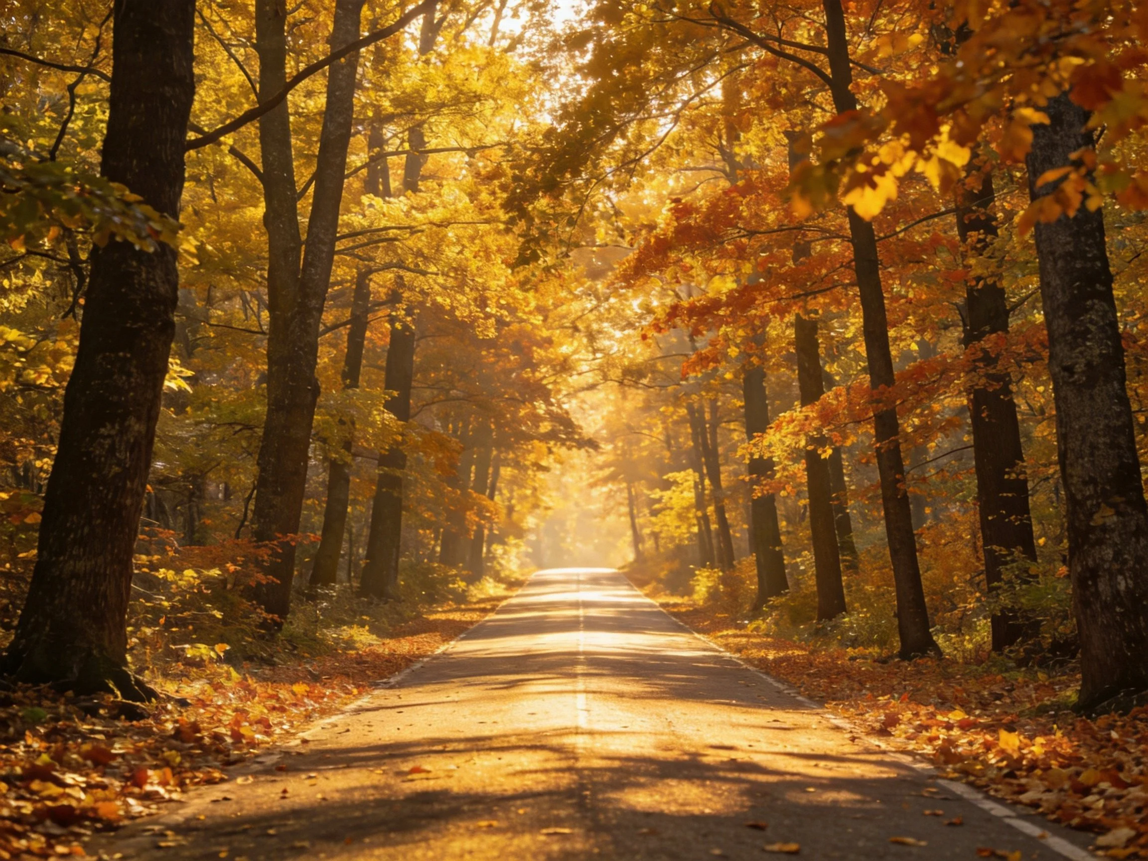 A sunlit autumn forest road with golden foliage