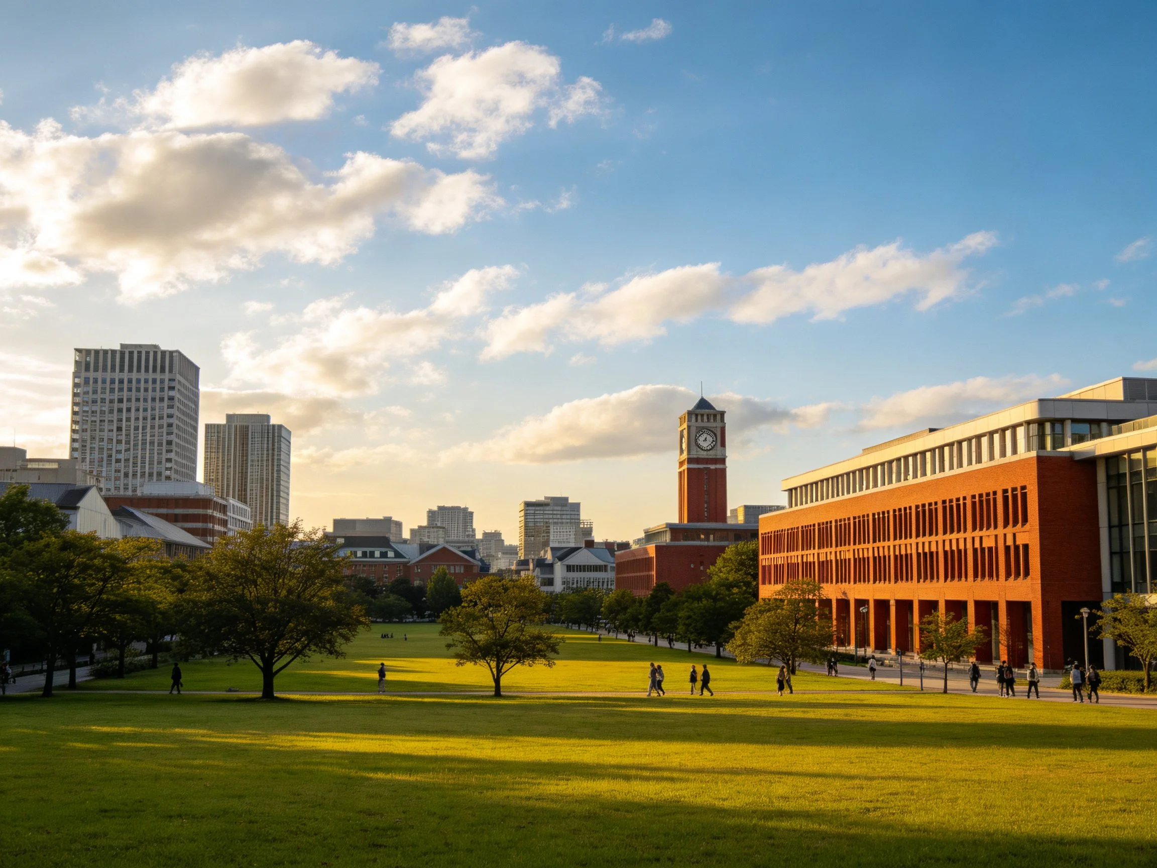 A sunlit campus plaza with red-brick buildings and a clock tower