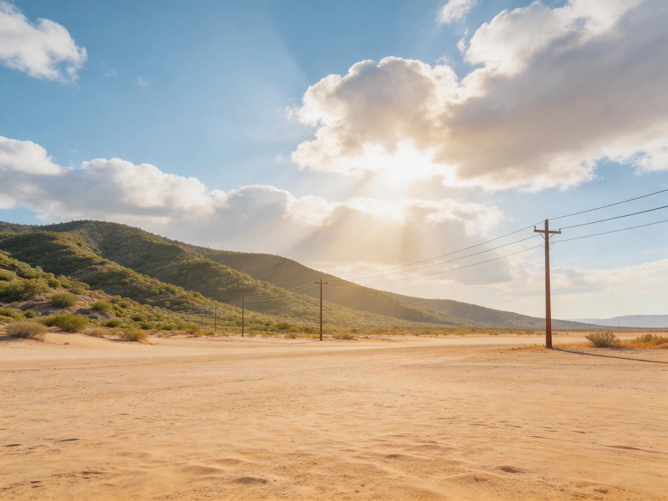A sunlit desert with rolling green hills and utility poles