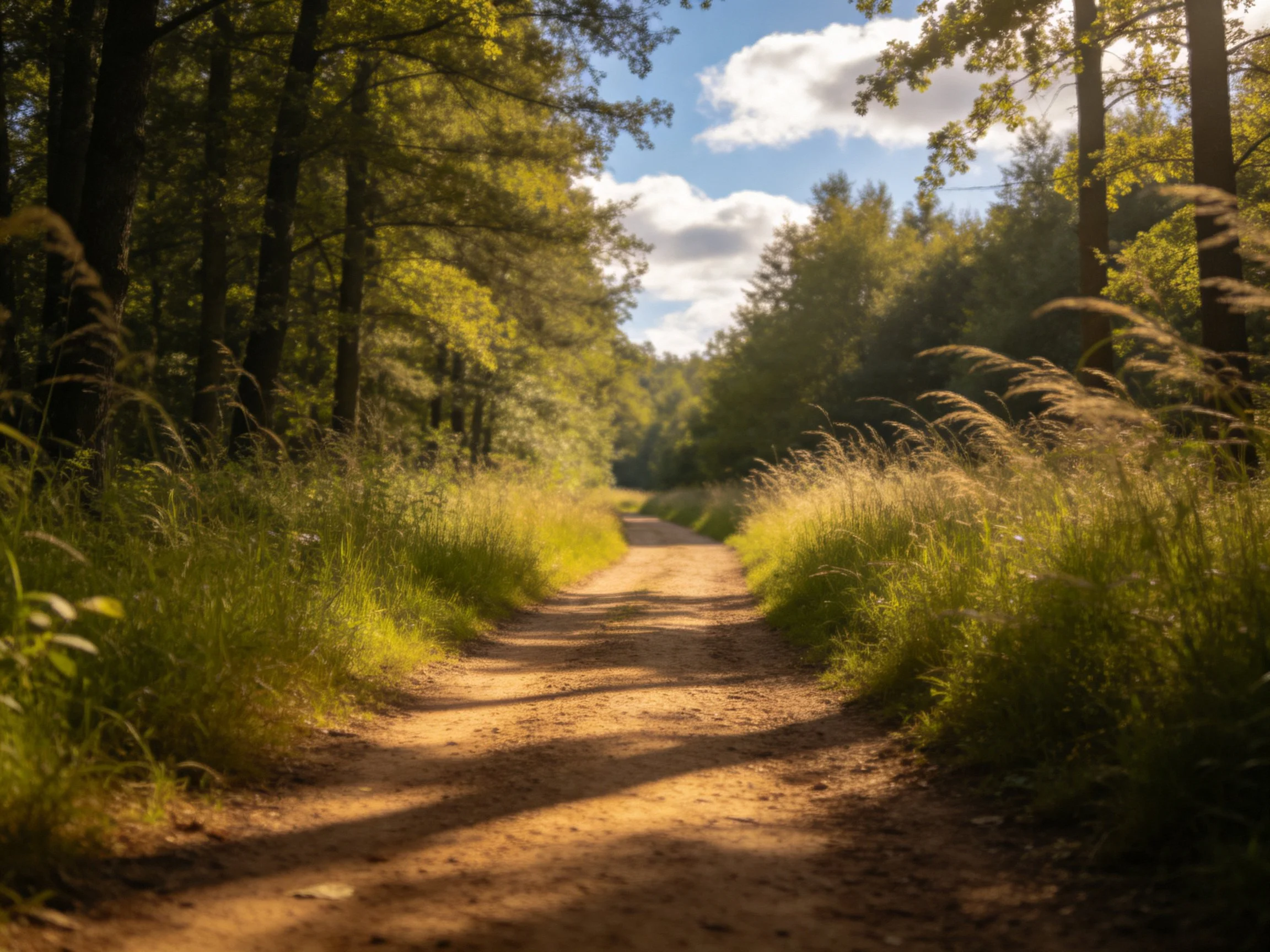 A sunlit dirt path bordered by tall green vegetation and trees