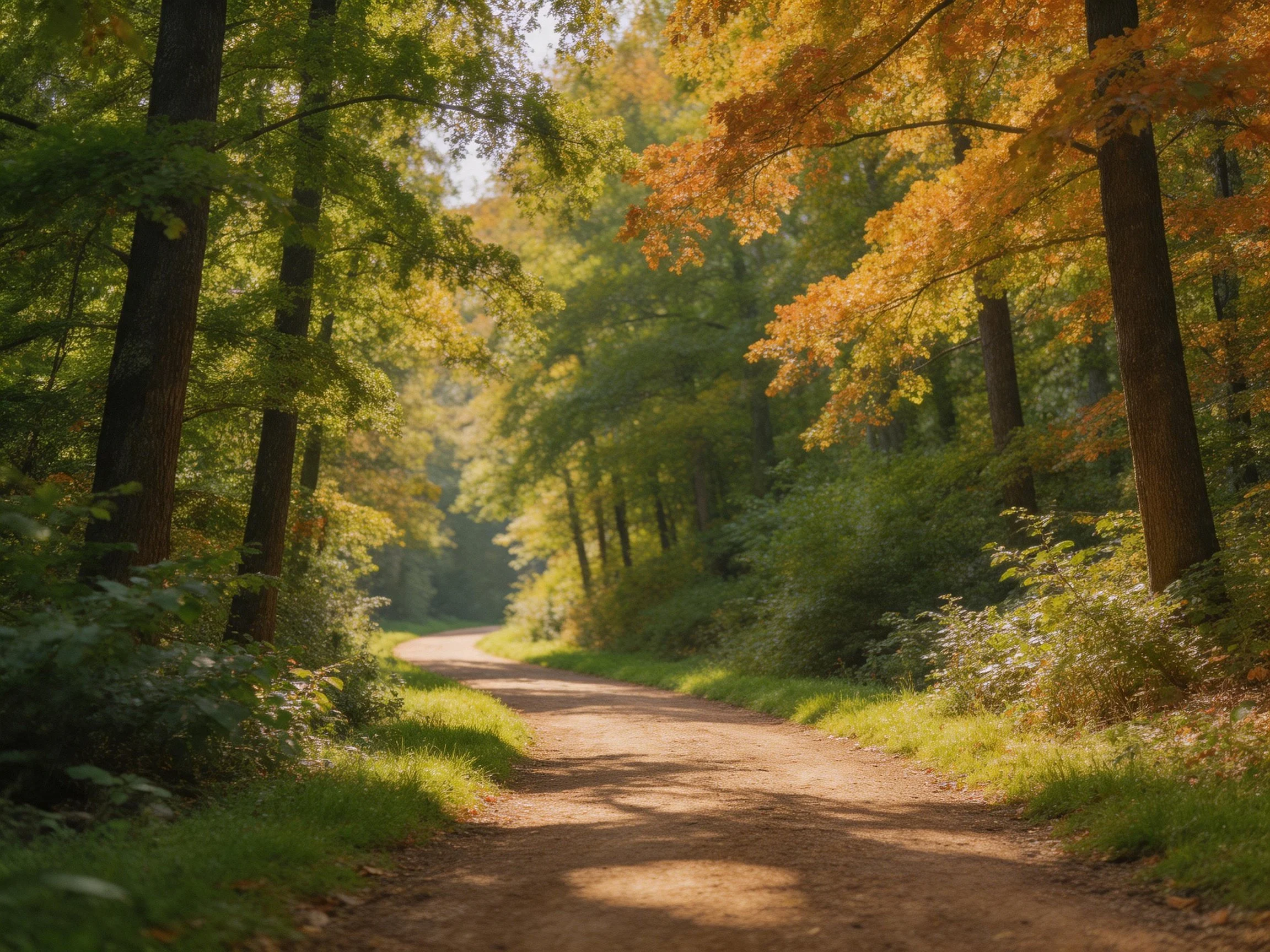A sunlit dirt path winds through green and golden forested areas