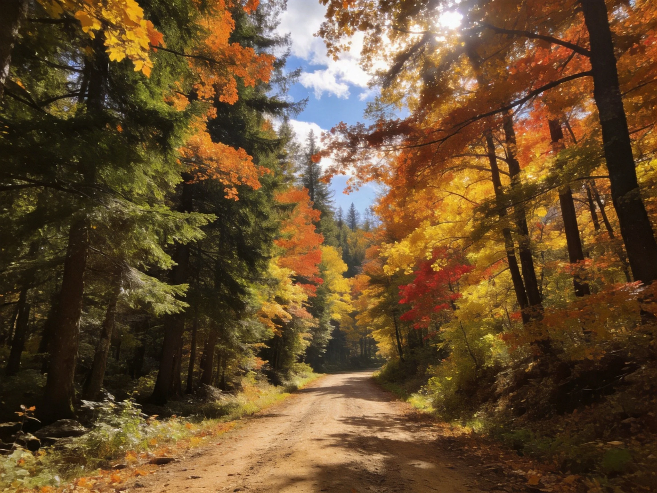 A sunlit dirt road winds through multicolored autumn woods