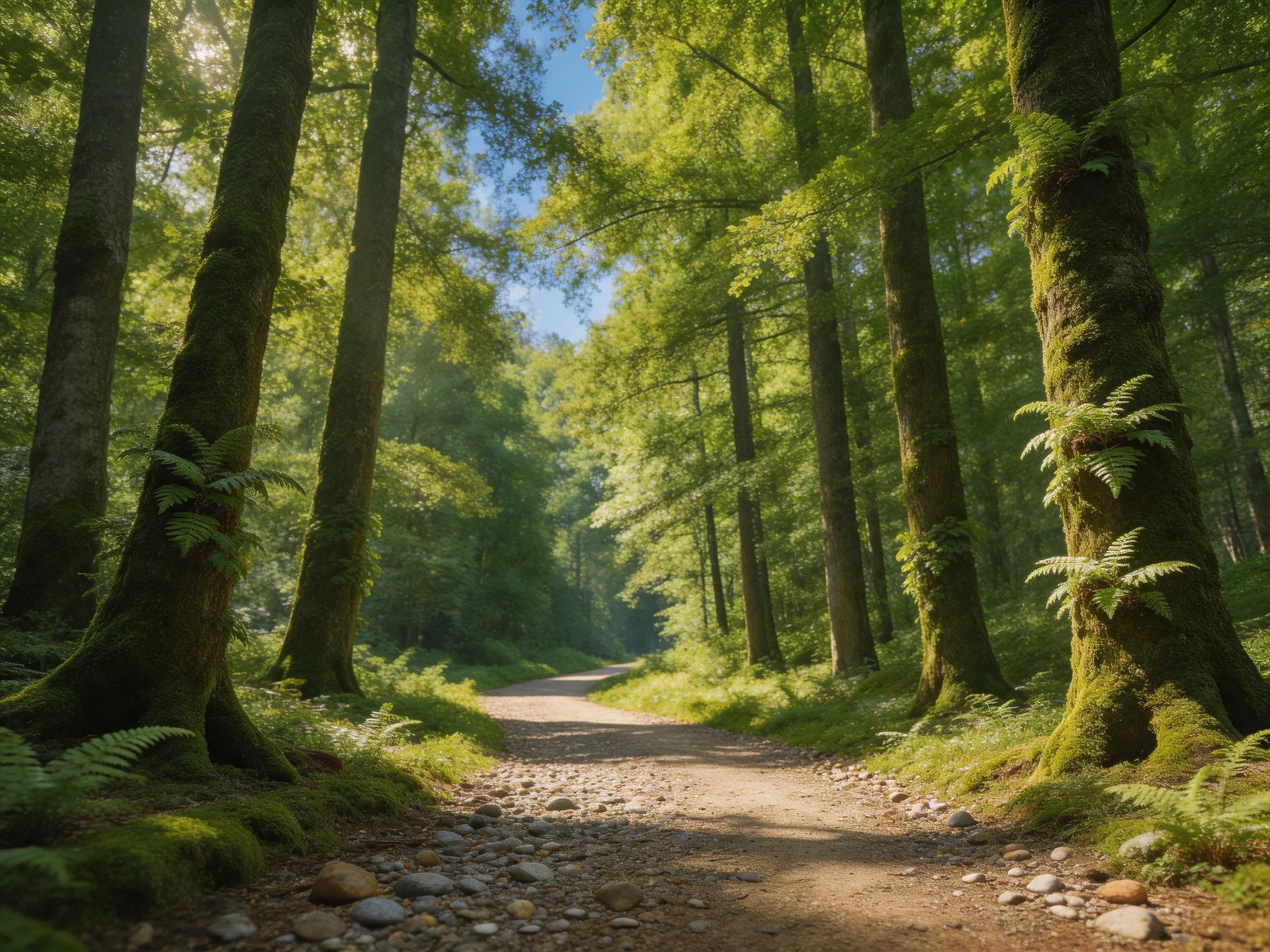 A sunlit forest path lined with mossy trees and lush greenery