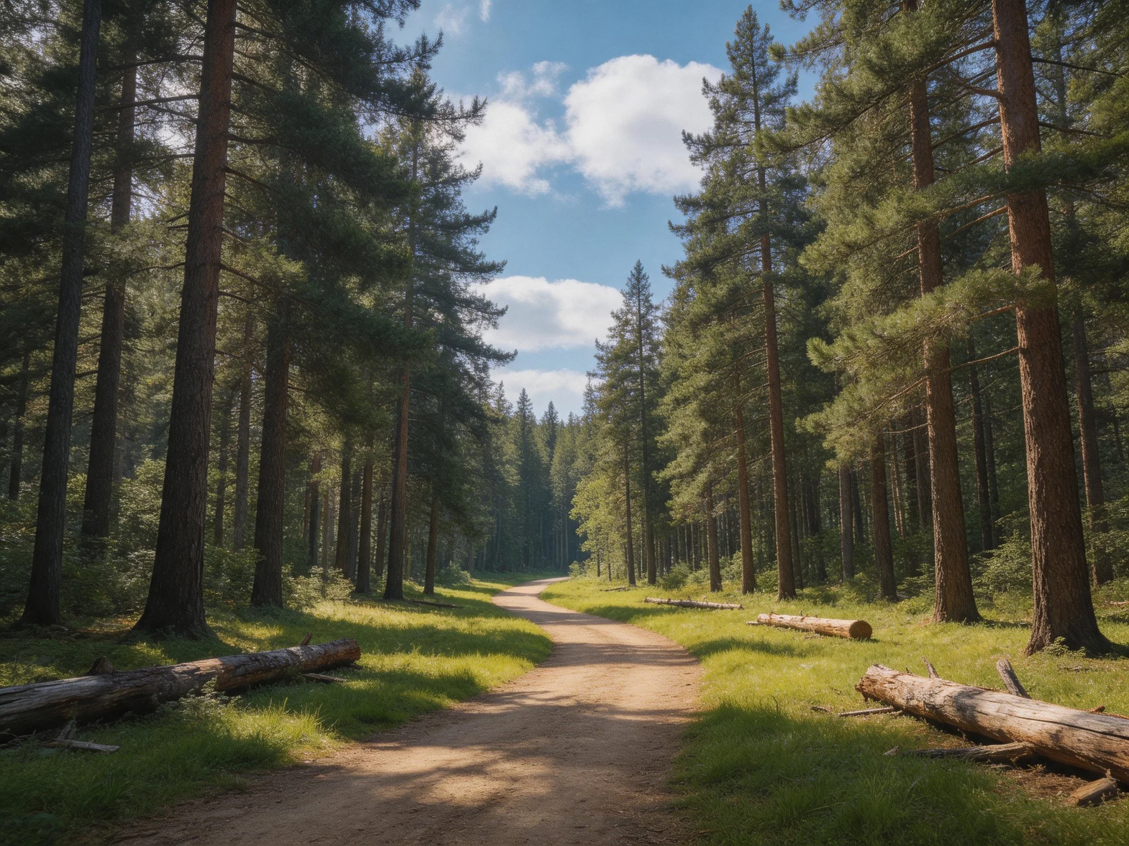 A sunlit forest path lined with tall pine trees and fallen logs