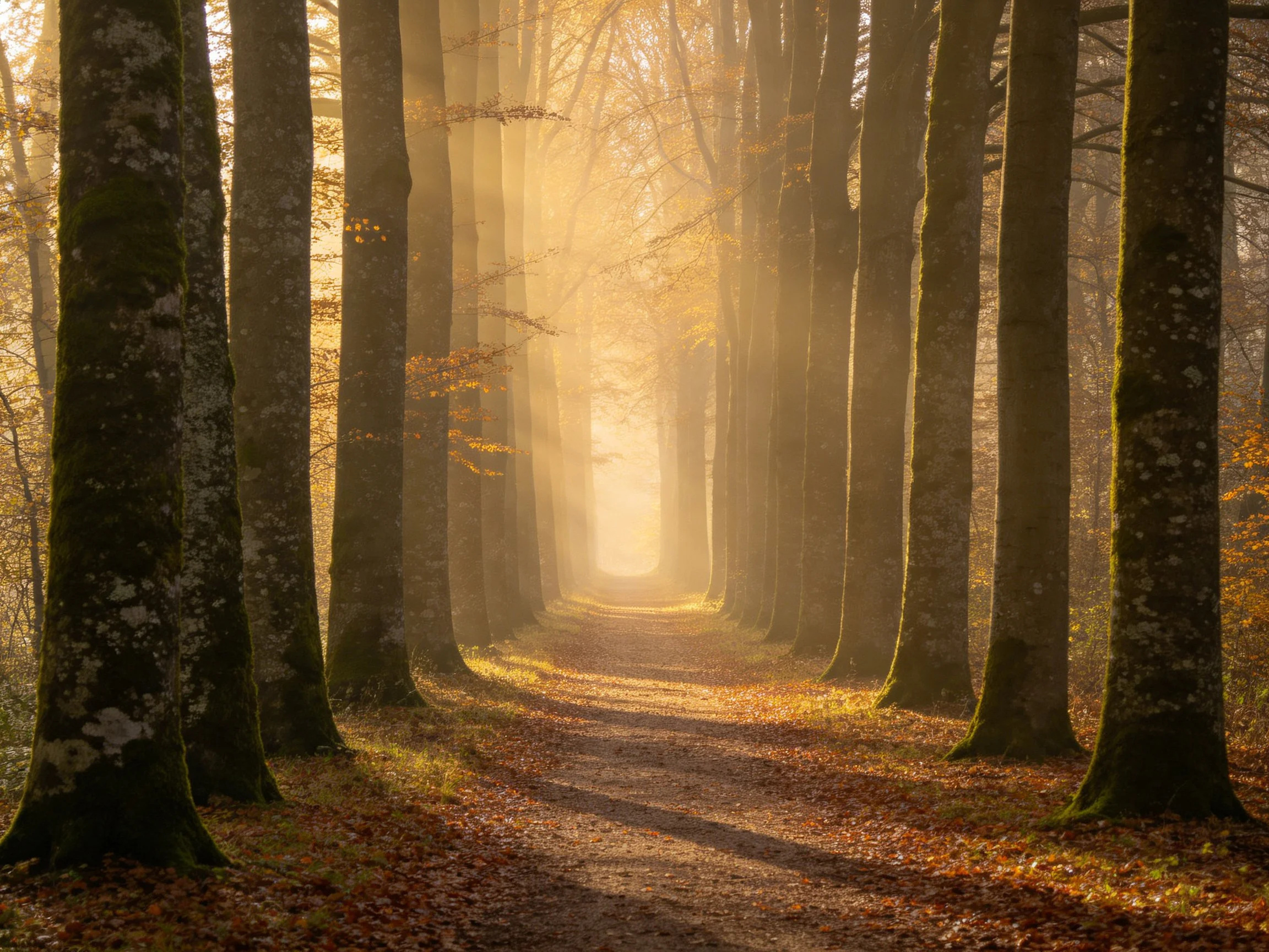 A sunlit forest path surrounded by tall trees, bathed in golden light