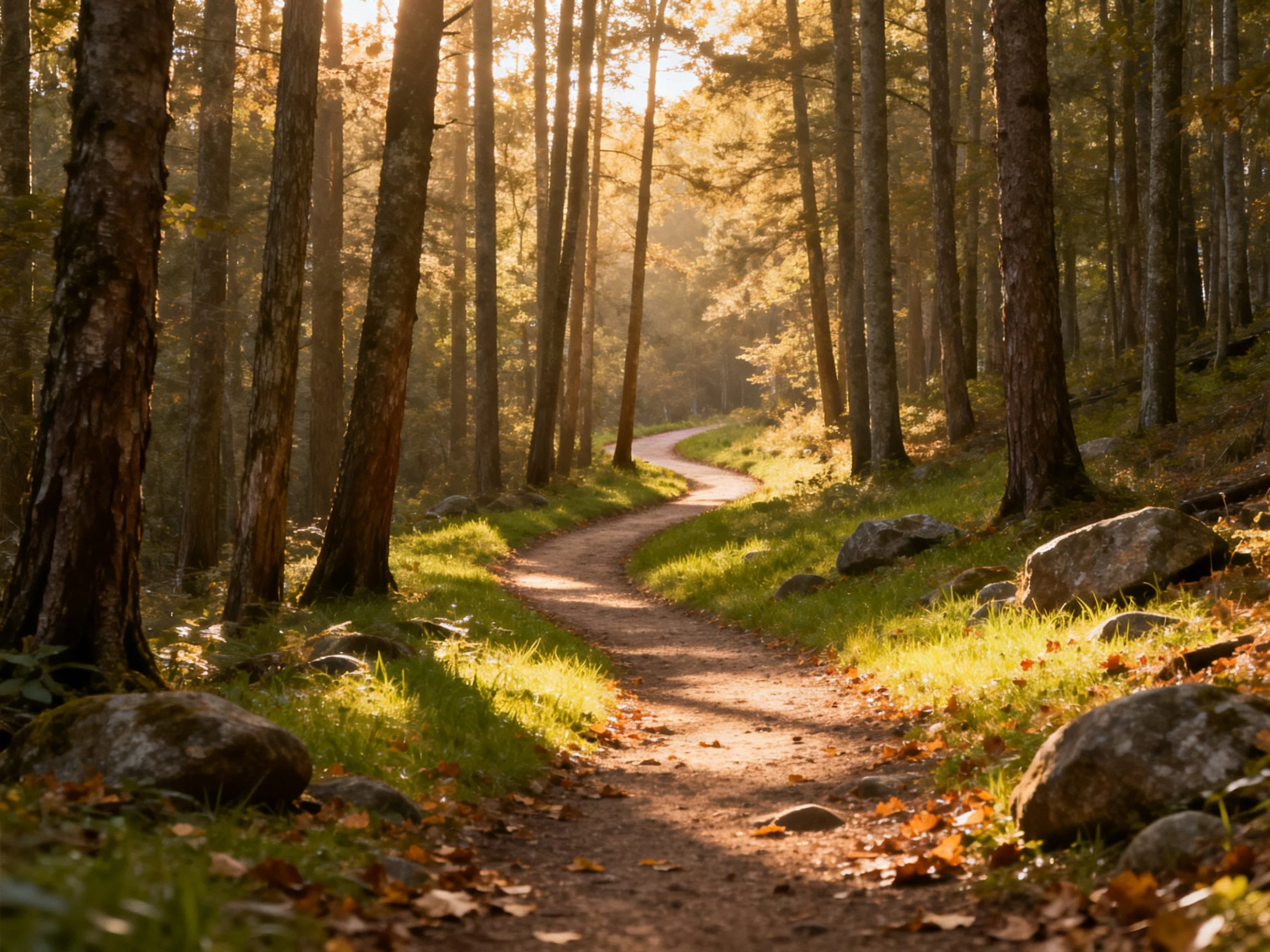 A sunlit forest trail with tall trees and rocky terrain