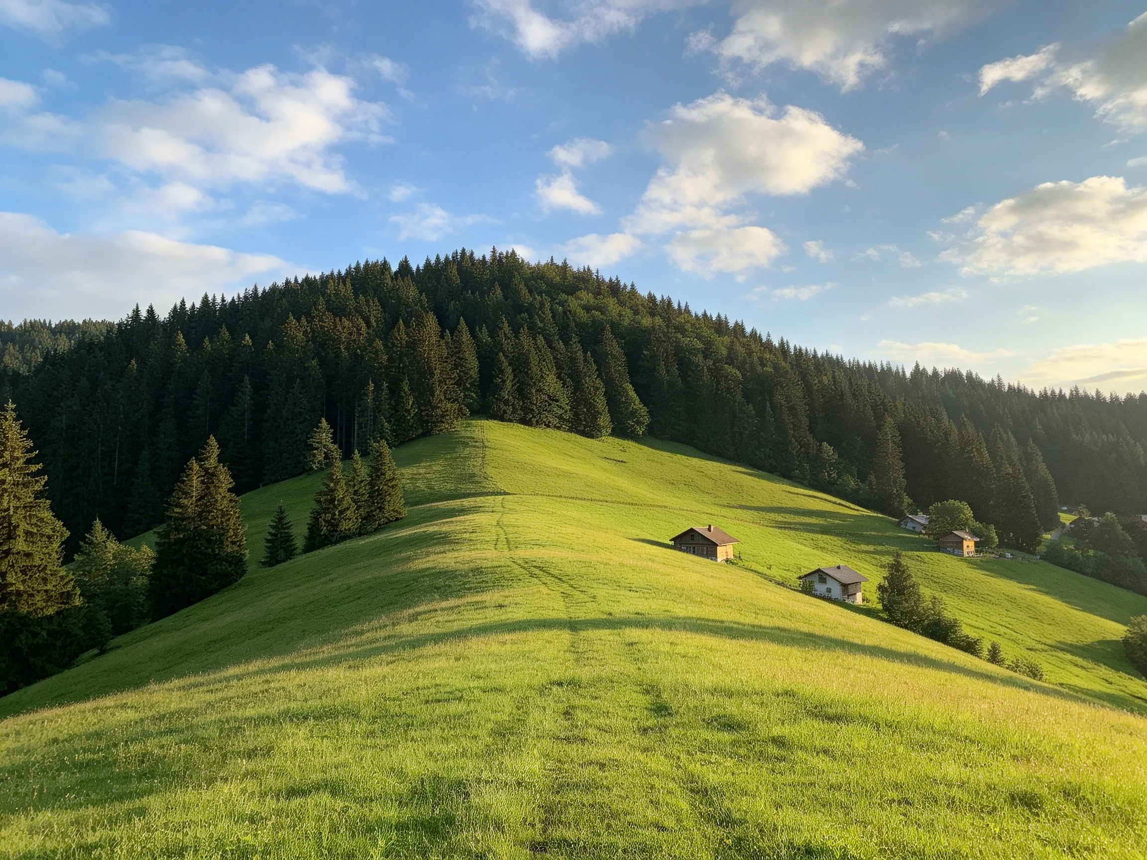 A sunlit green hillside with dense forest and scattered cottages