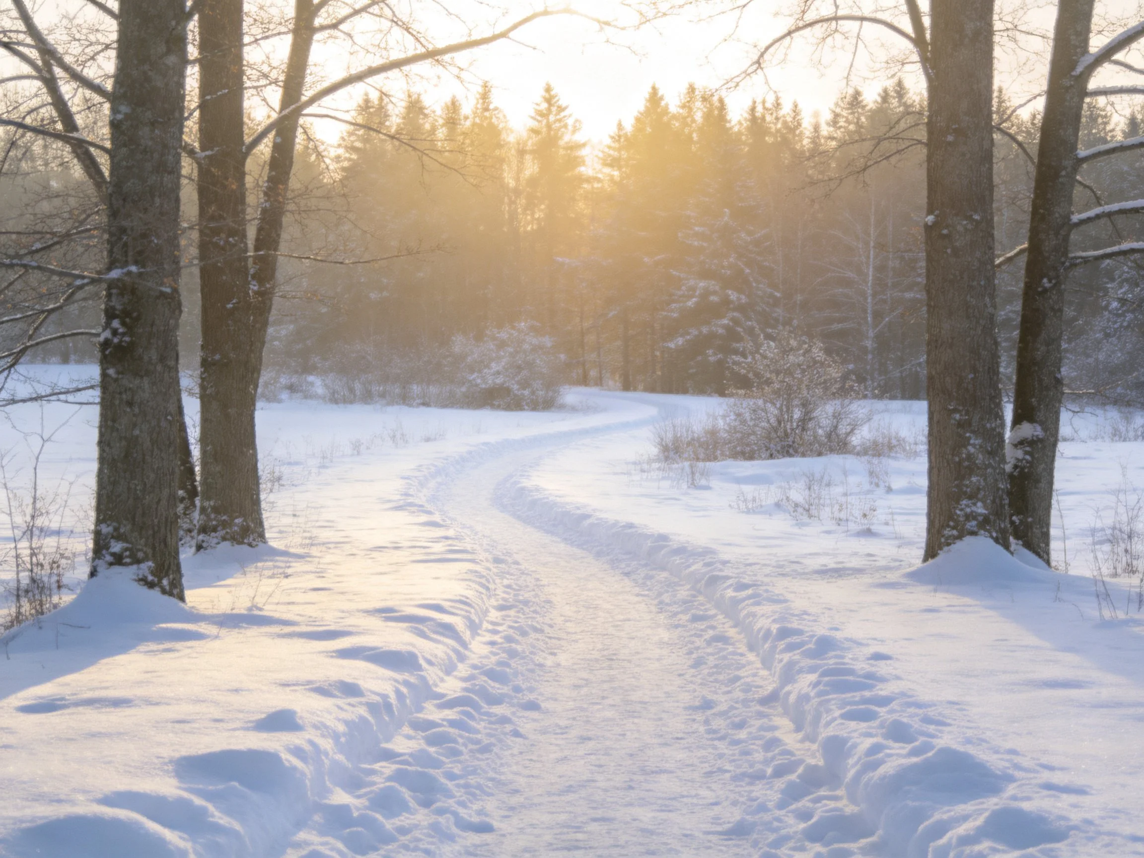 A sunlit snowy forest path with tall trees and golden light